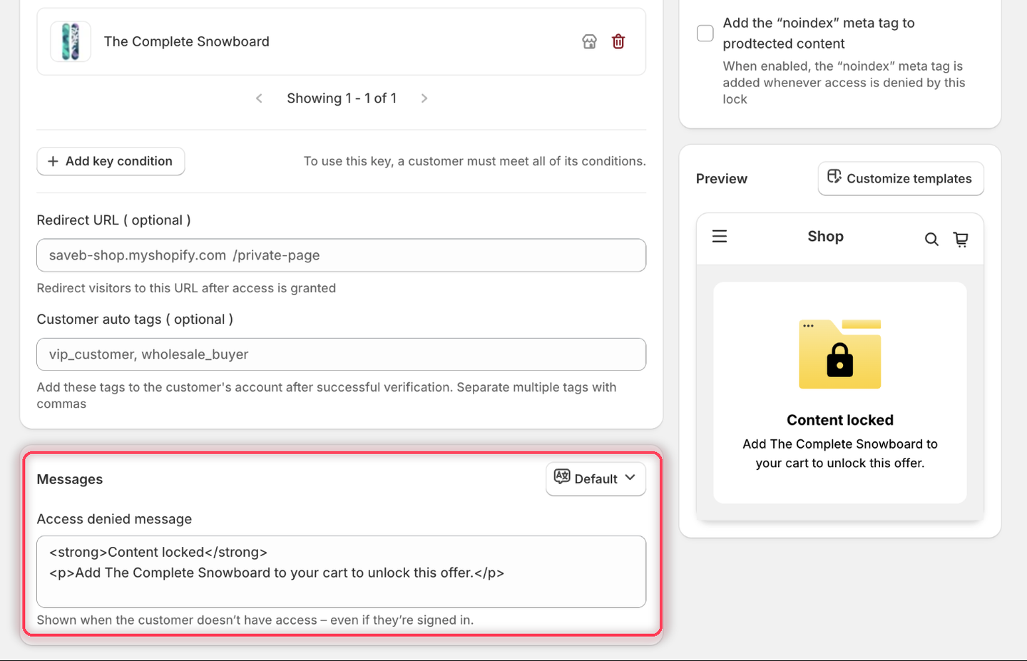 The Messages card with the Access denied message set to the required-product wording, and the Preview panel rendering it.