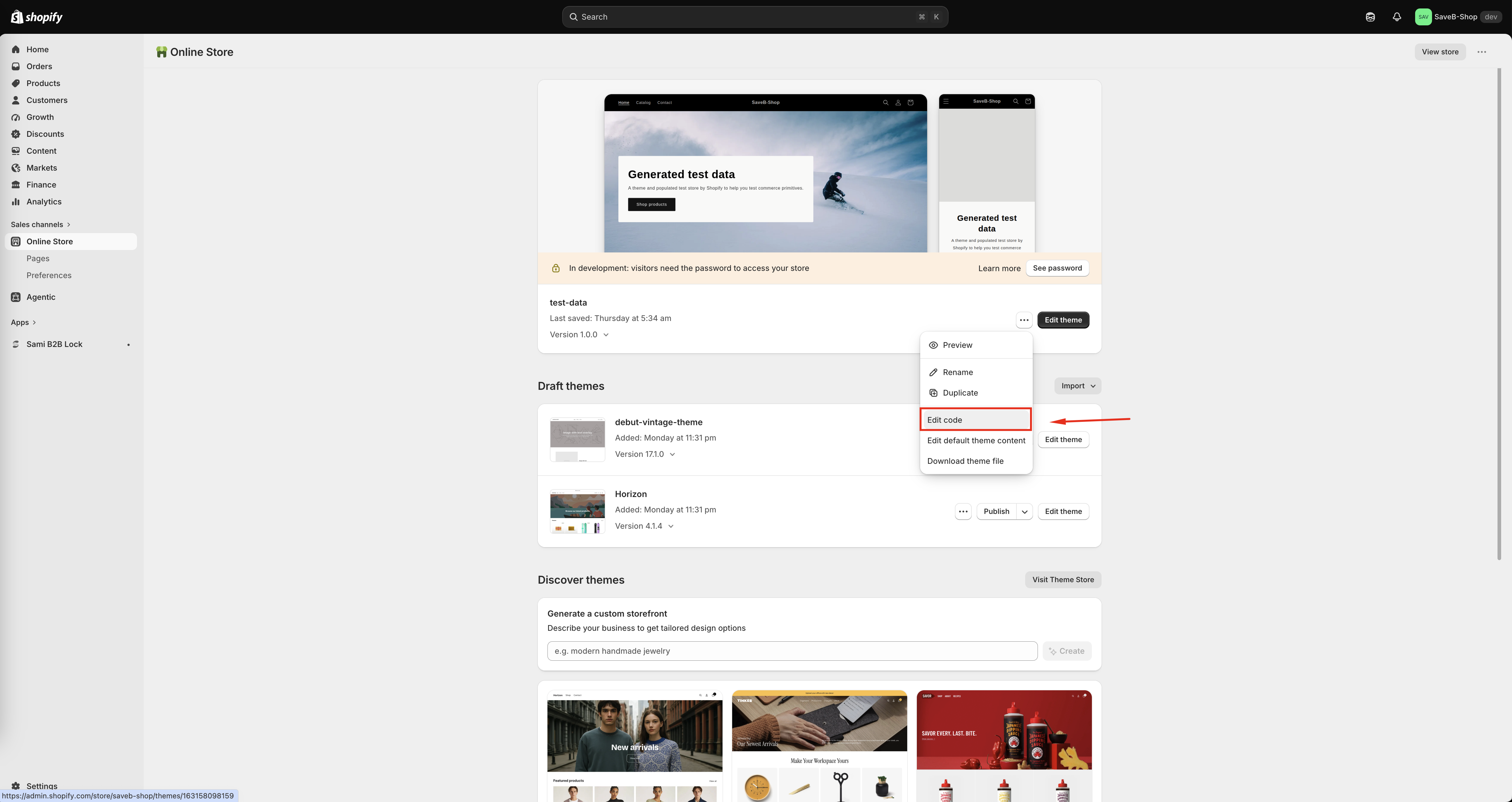 The Shopify theme actions menu with Edit code selected.