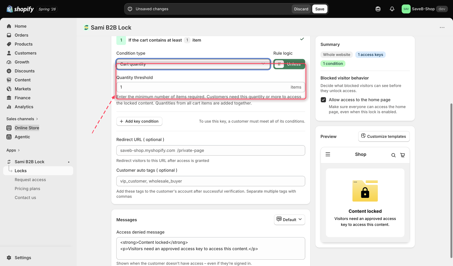 The Cart quantity rule settings, showing a number input for the minimum total items required in the cart.