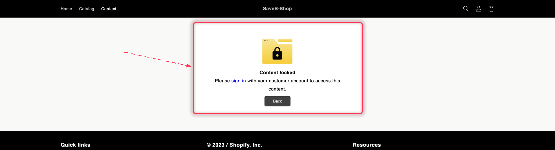 A locked storefront page showing the Content locked card asking the visitor to sign in with their customer account.
