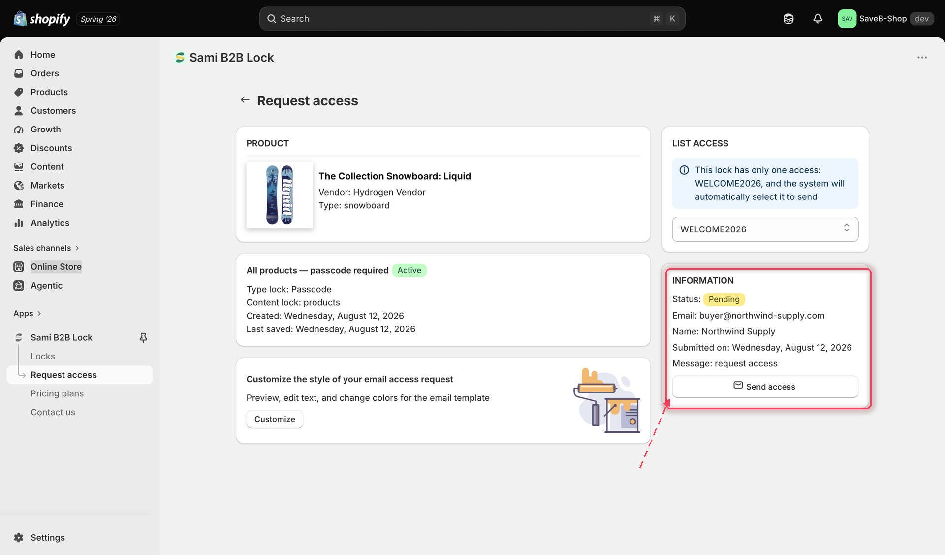 A request's detail page showing the locked resource, the List access selector with a passcode chosen, and the Send access button next to the requester's name, email, and message.