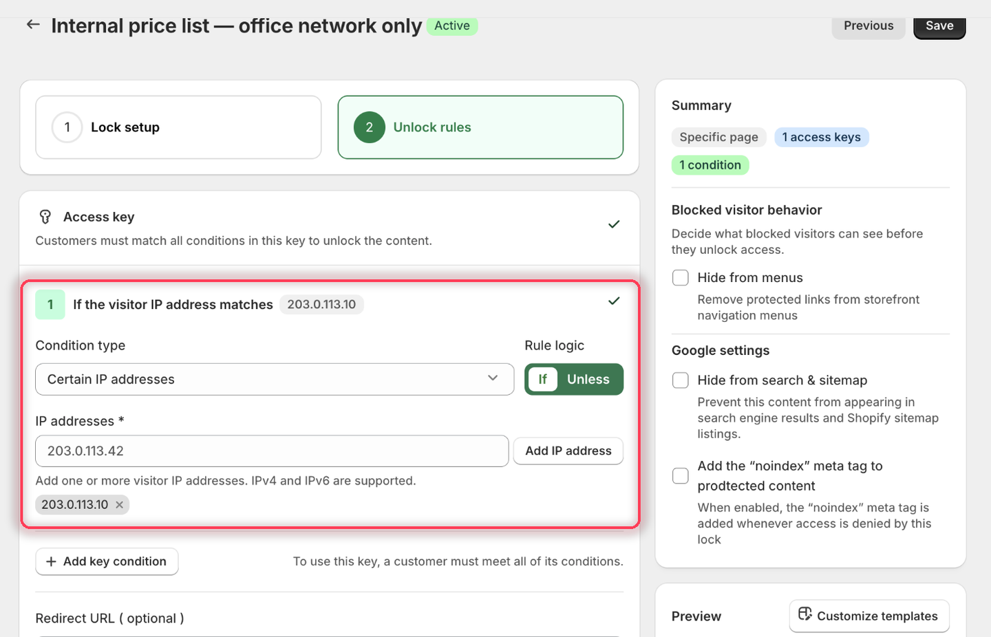 The Certain IP addresses condition with Rule logic set to If and 203.0.113.10 added as a chip below the IP addresses field.