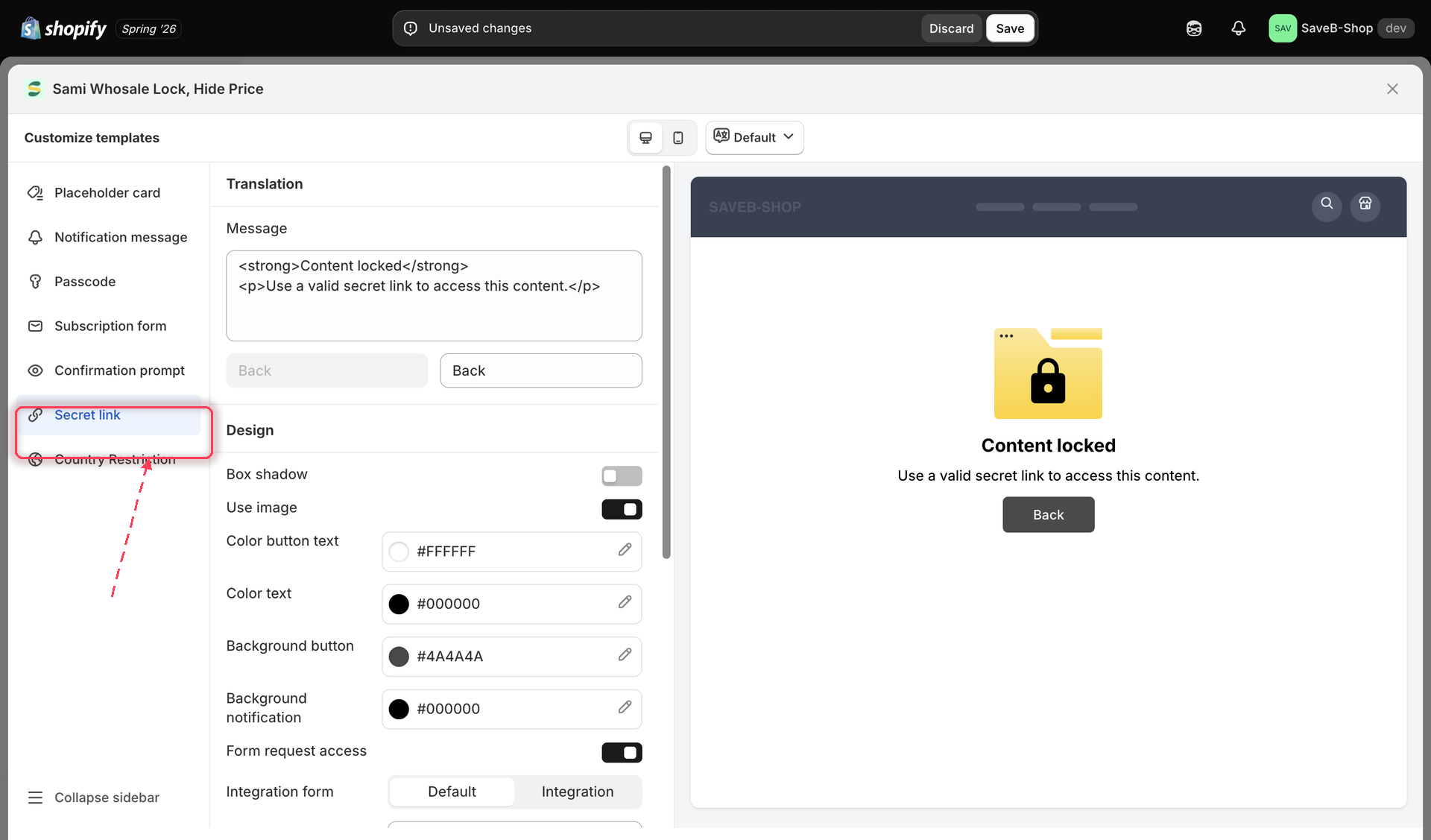 Design settings panel for the secret link lock screen