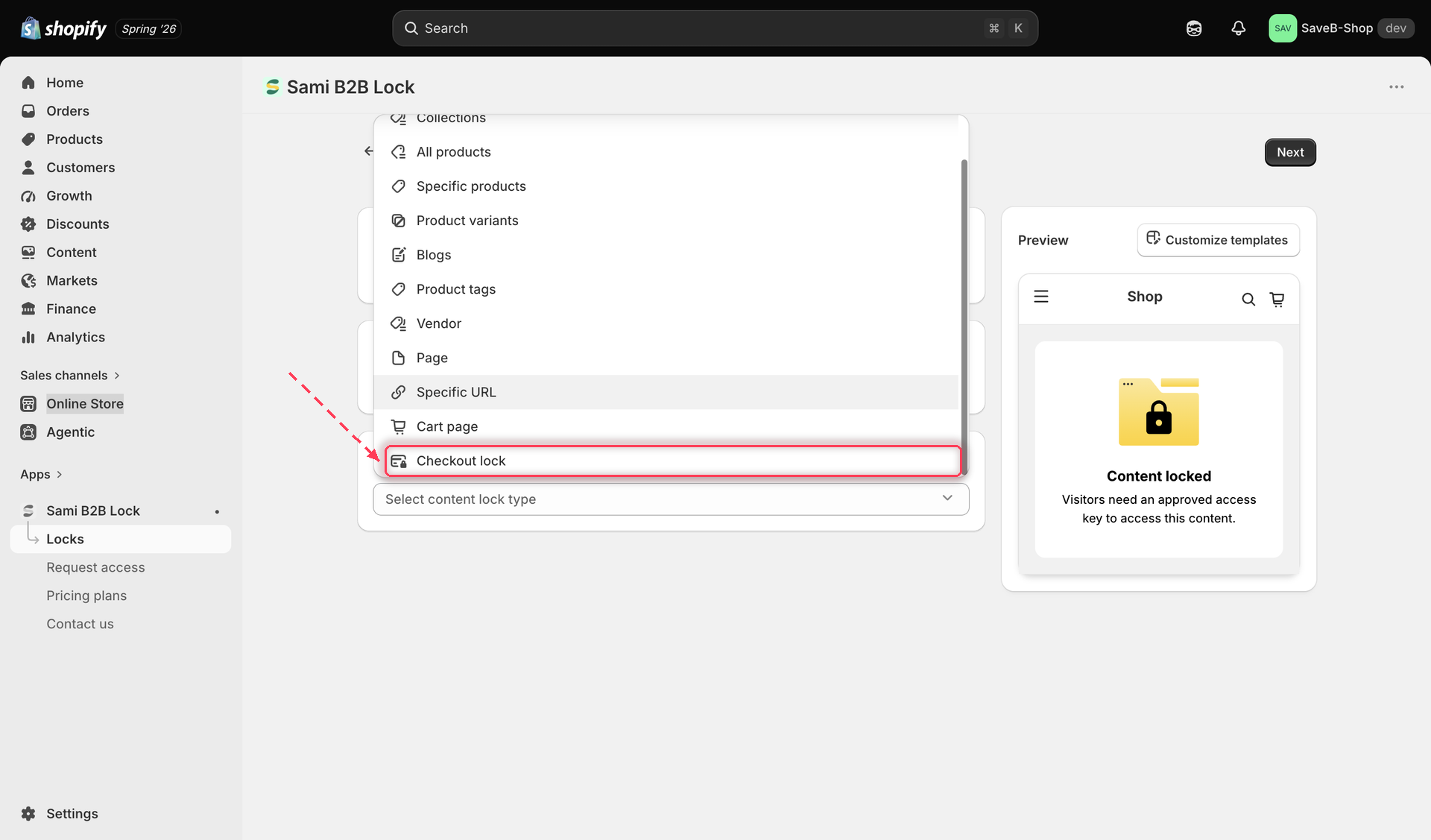 The content picker with Checkout lock selected as the content type to lock.