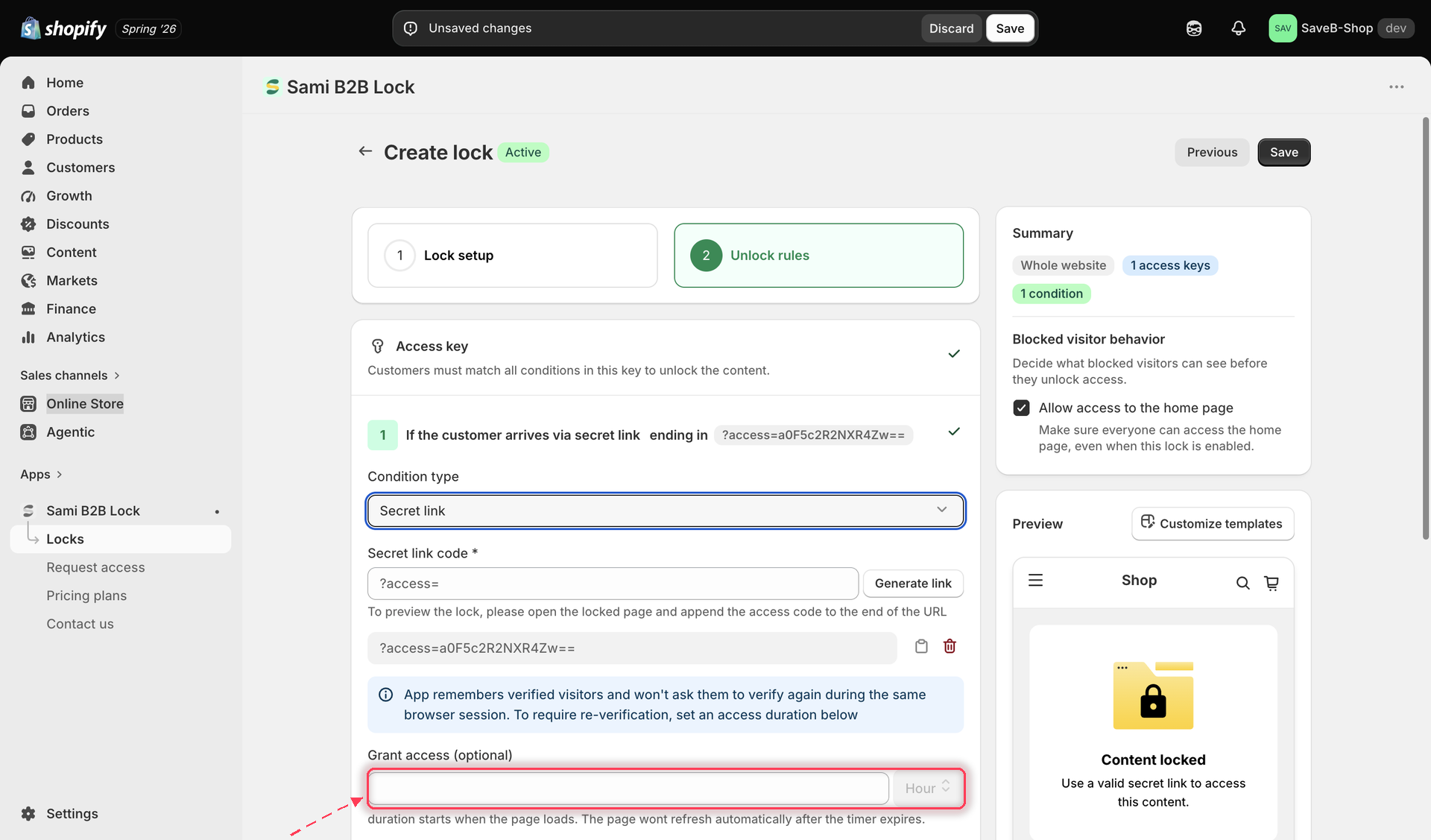 Grant access duration field with a number and unit selector for the Secret link rule