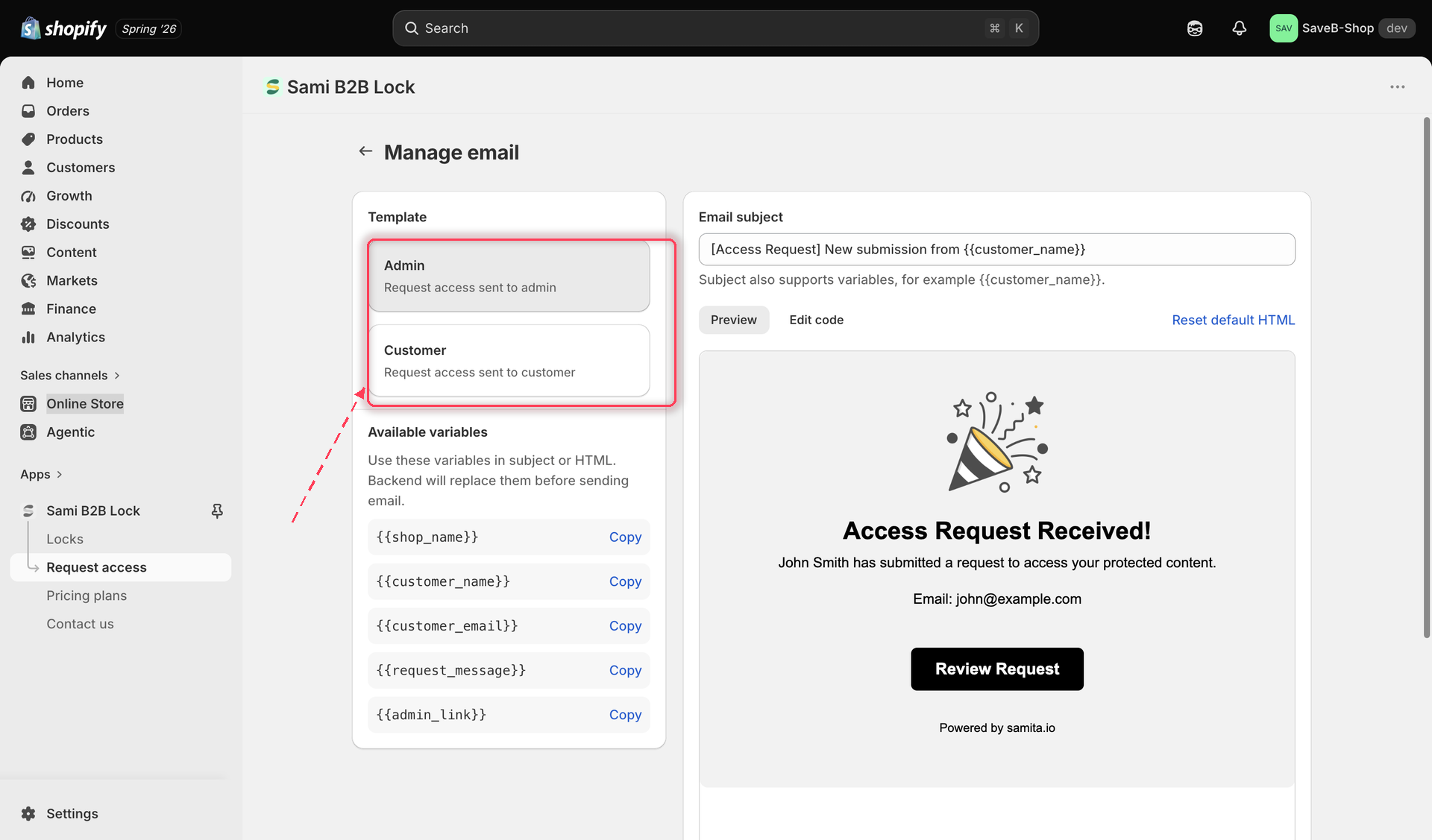 The Manage email page with the Admin email template selected, the Preview tab active showing a rendered sample email, and the Reset default HTML button in the toolbar.