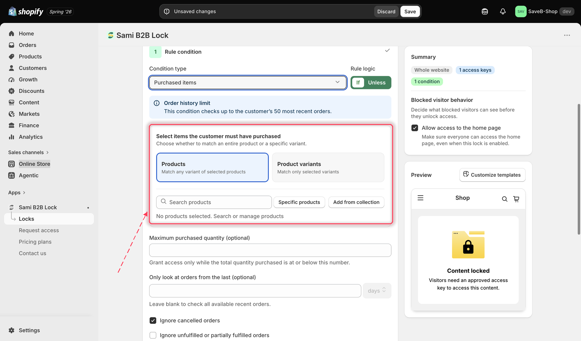 The Purchased items rule showing the Products/Variants type picker and a product selection list.