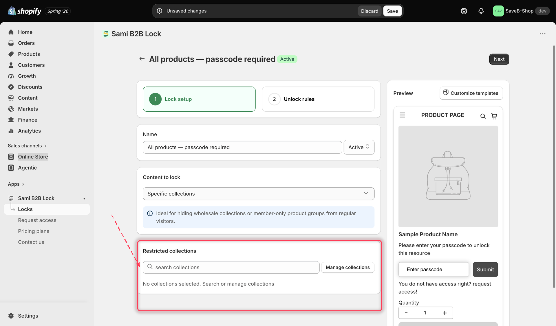 The collection picker showing a search field and a list of selectable collections.