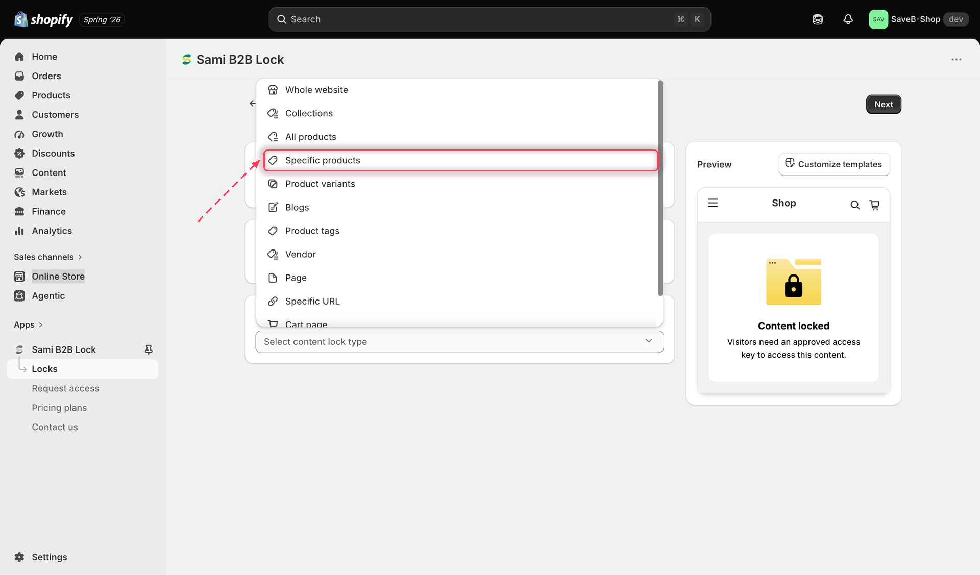 The content picker with Products selected and the Specific products option chosen.