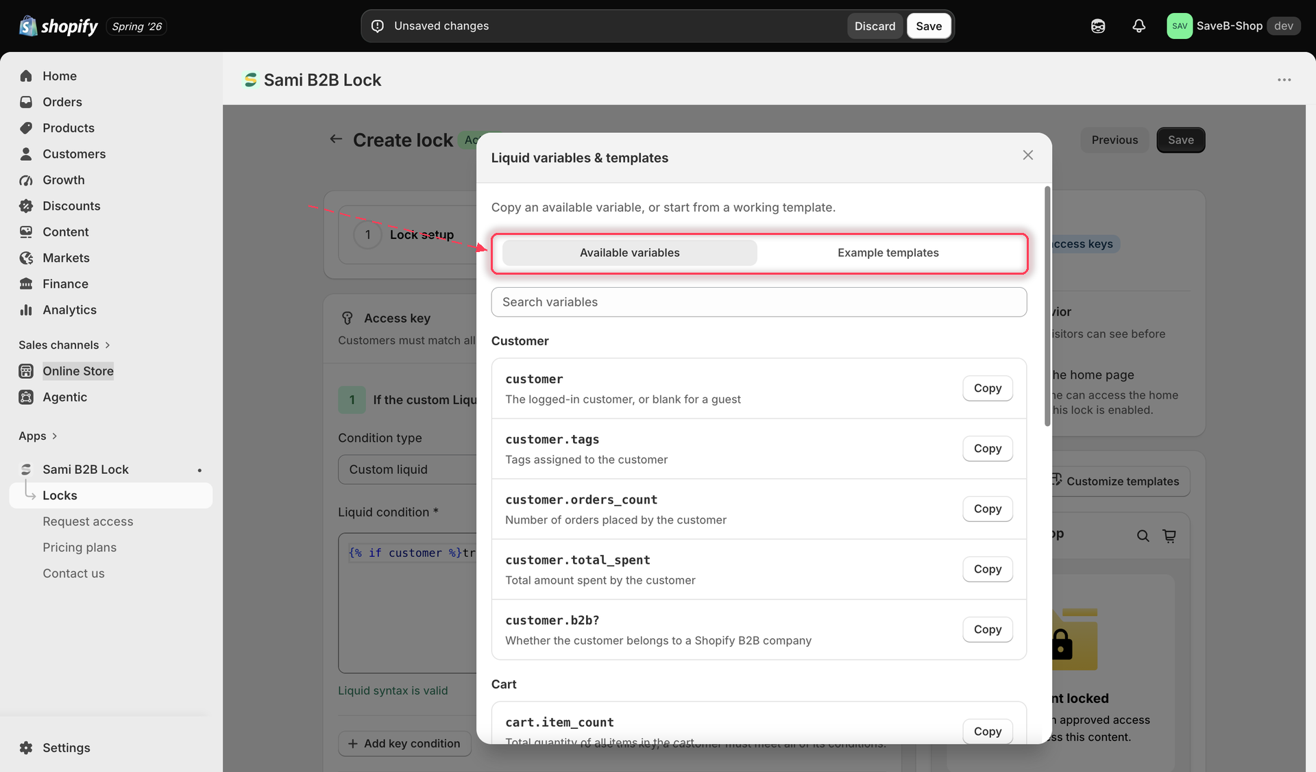 Variables and templates panel showing the available Liquid variables grouped by category