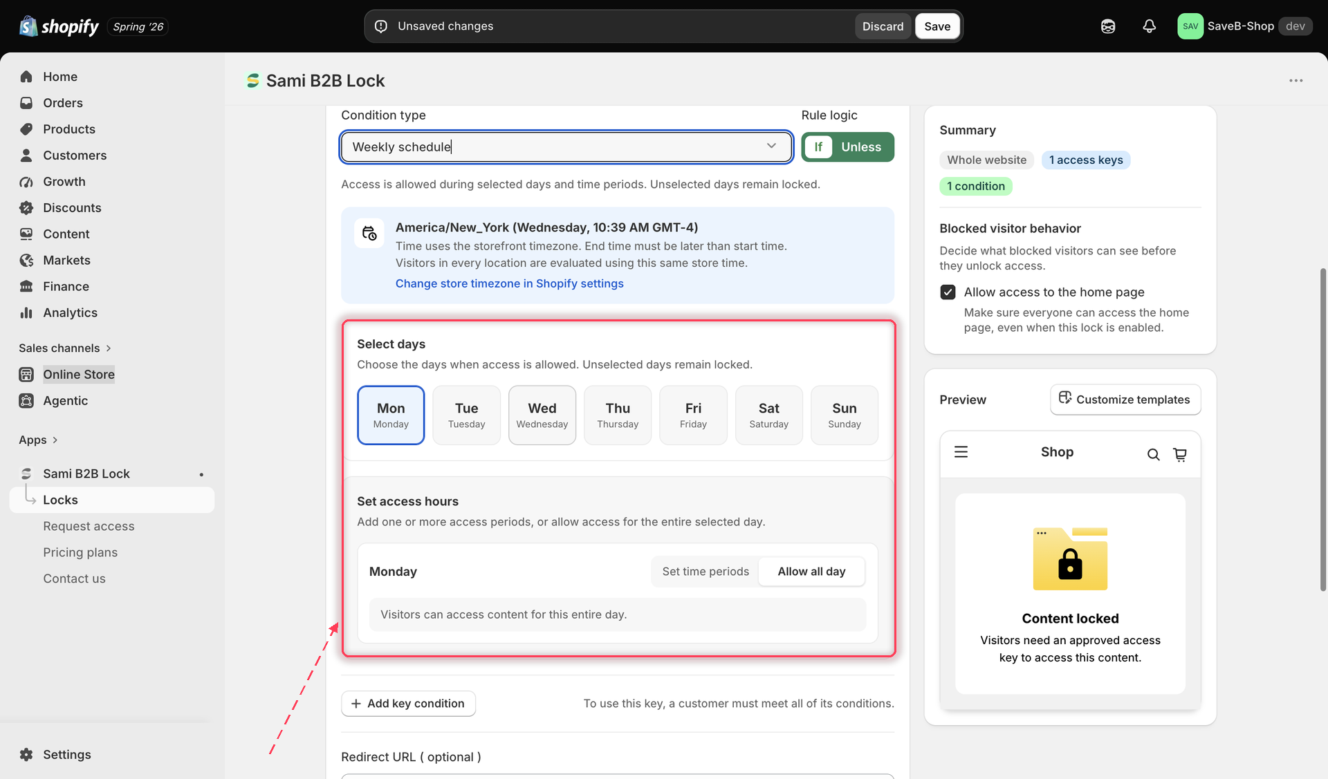 The Weekly schedule rule settings, showing per-day toggles and start/end time fields.