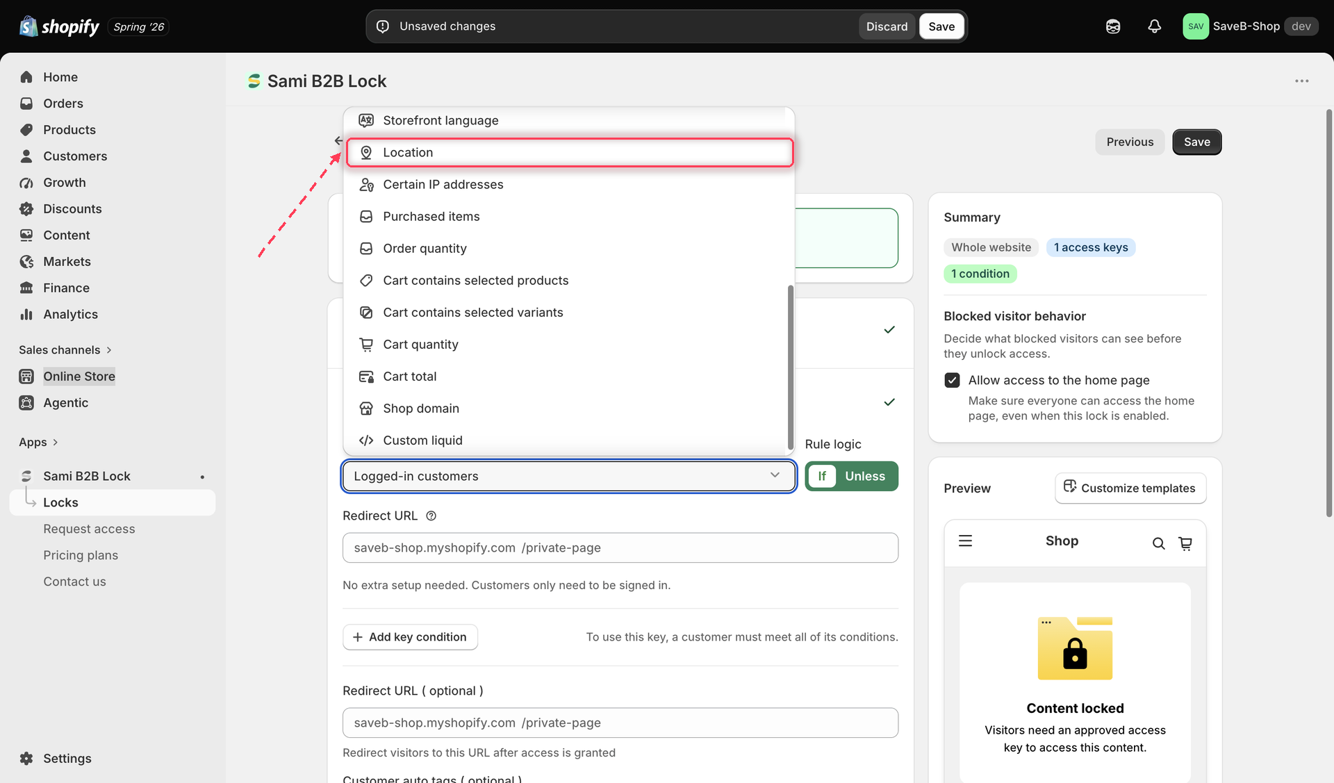 The Unlock rules tab with Location selected in the Condition type dropdown.