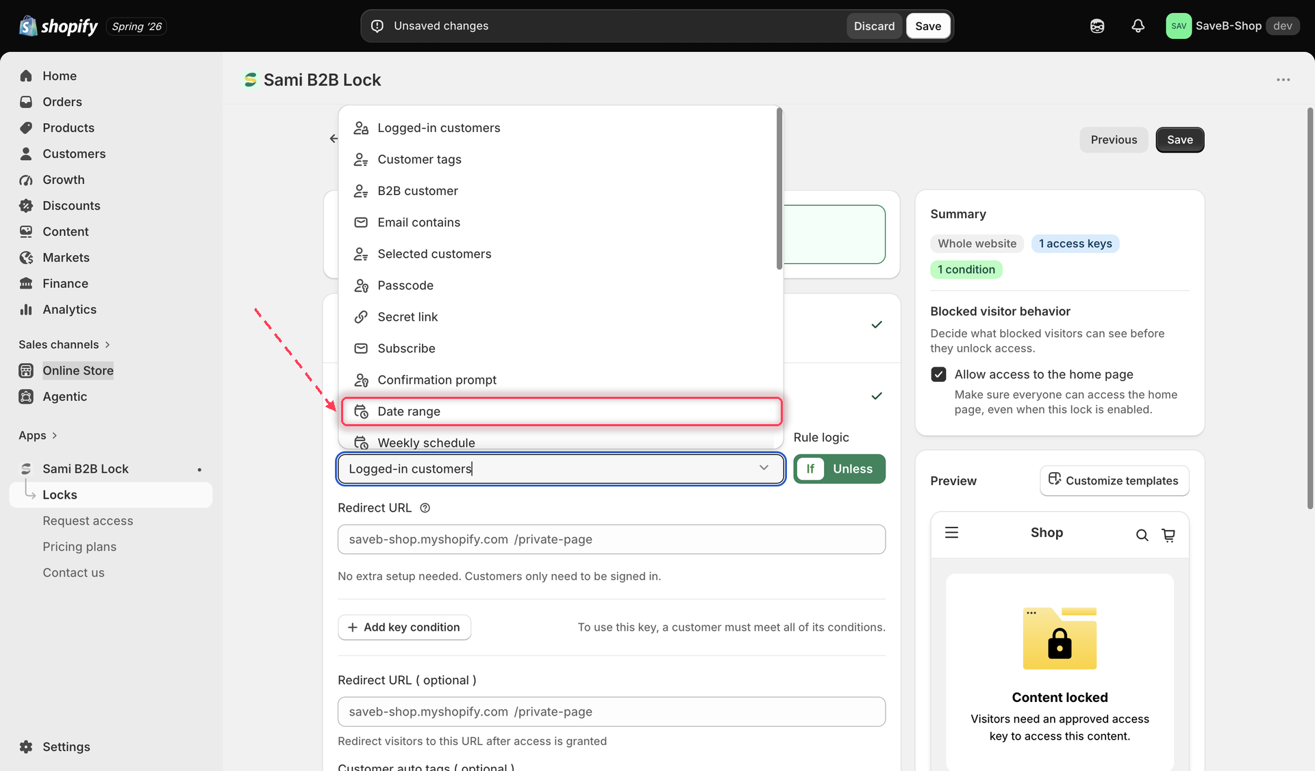 The Unlock rules tab with Date range selected in the Condition type dropdown.