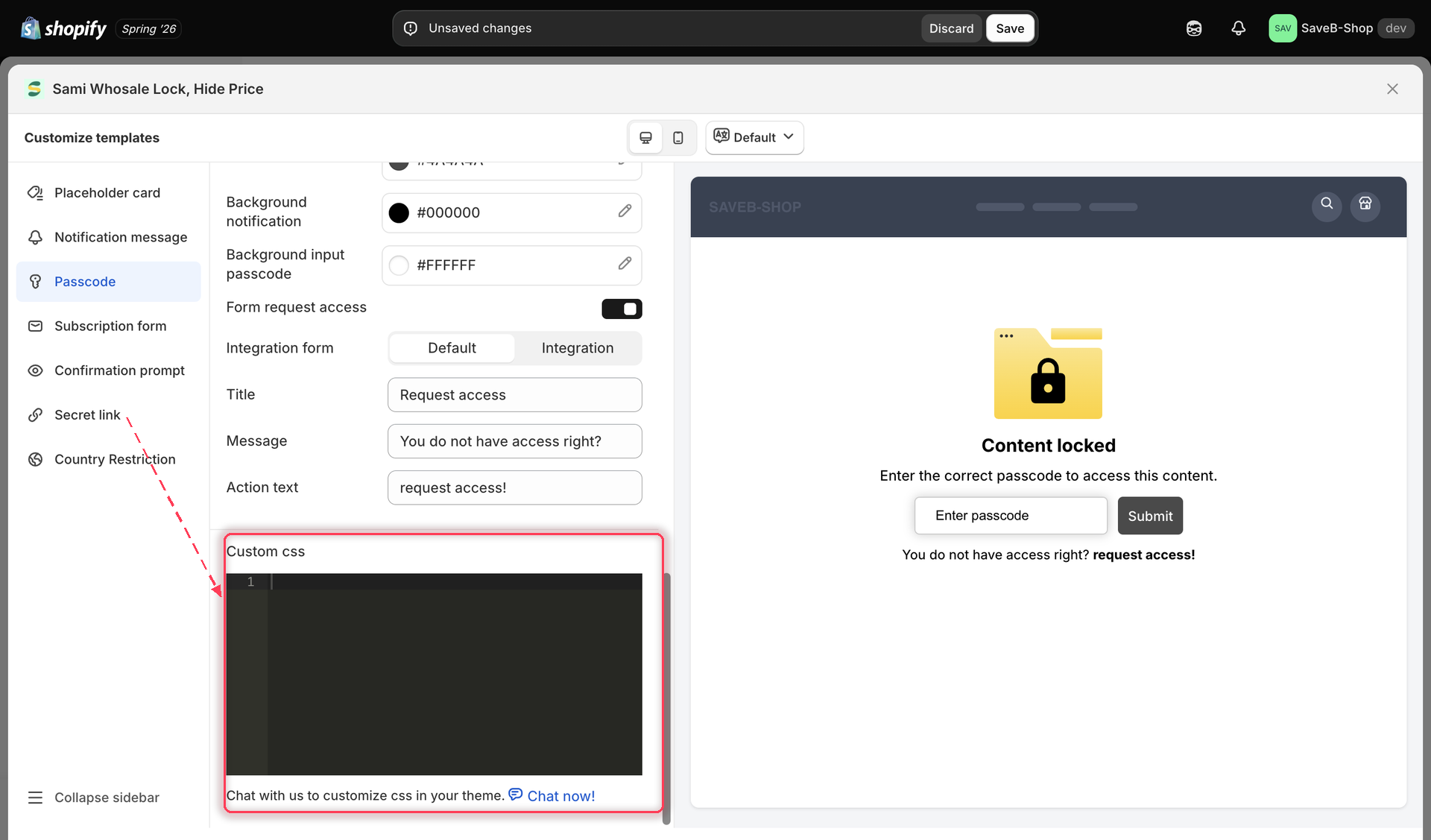 The Custom css editor at the bottom of a lock's Design section