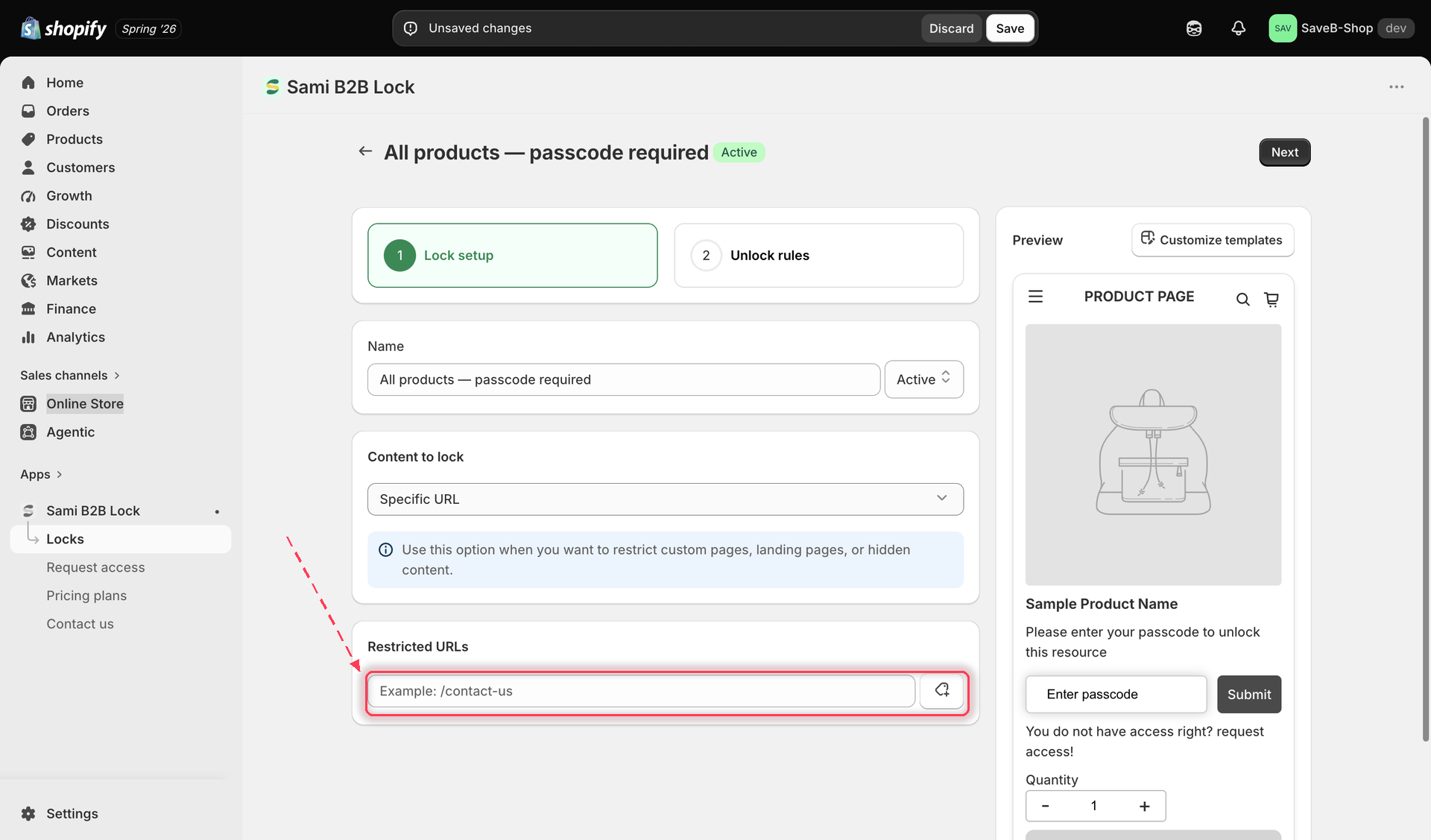 The Restricted URLs field showing the /contact-us example format, with the add button beside it.