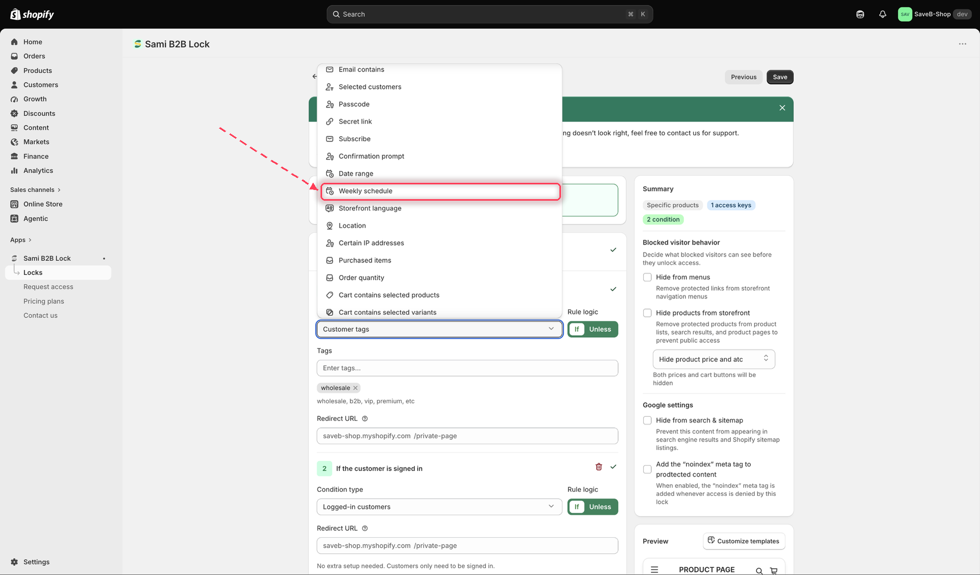 The Unlock rules tab with Weekly schedule selected in the Condition type dropdown.