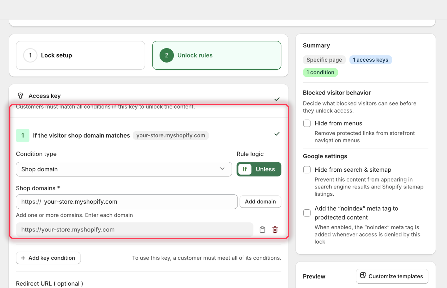 The Shop domain condition with Rule logic set to If, the host typed into the Shop domains field, and the full https:// URL added to the list below.