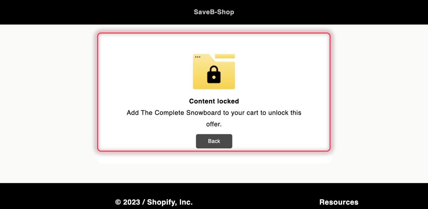 The Snowboard bonus offer page displaying the configured required-product message.