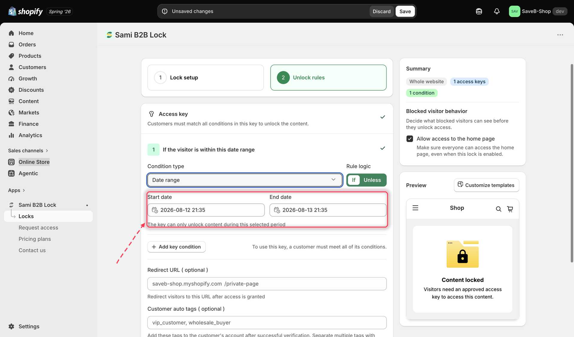 The Date range rule settings, showing a start date and end date picker.