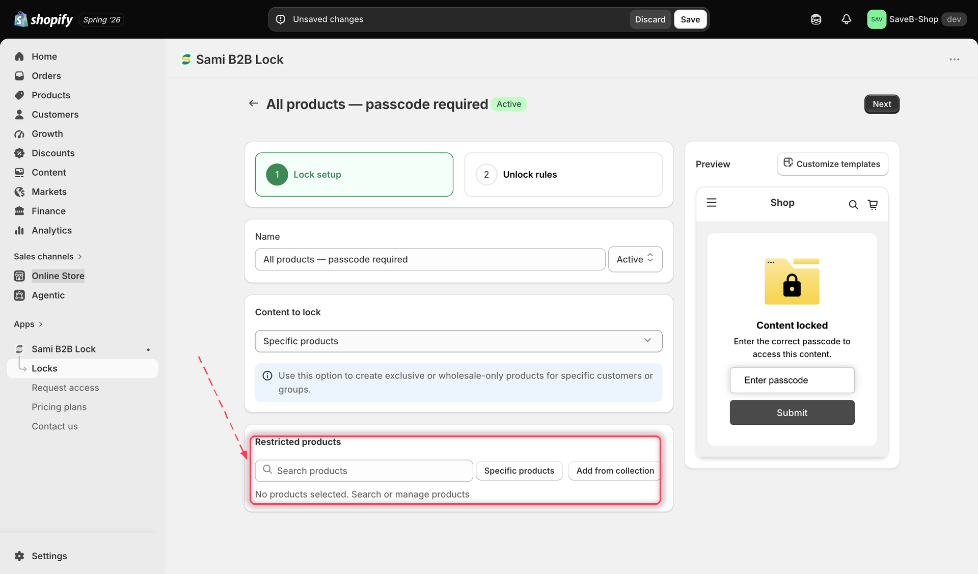 The product picker for manually selecting specific products to lock.