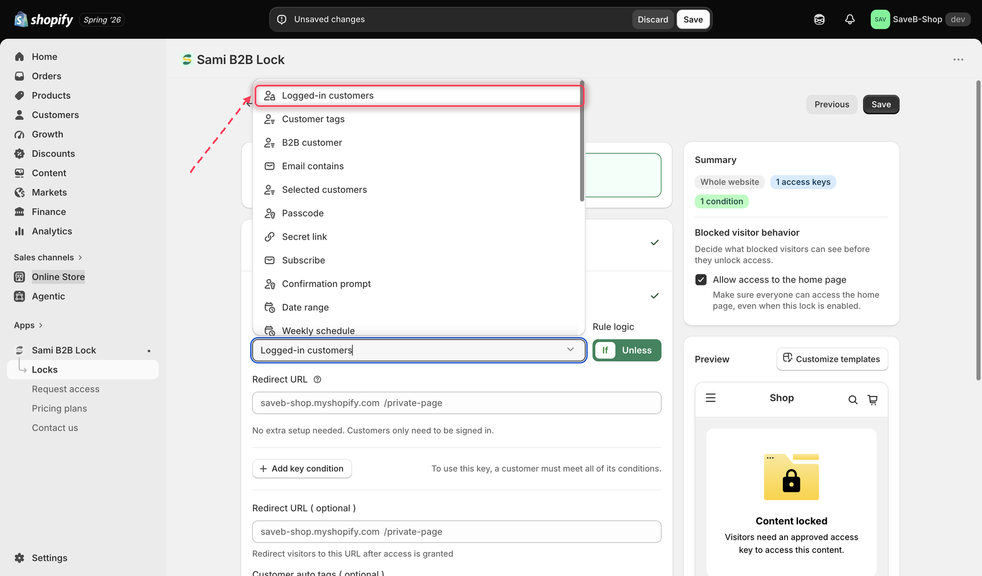 Access rule picker with Logged-in customers selected