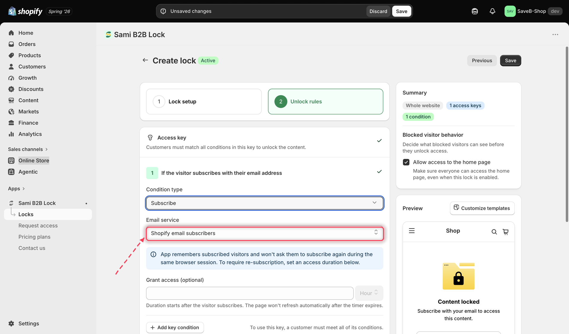 The Subscribe to unlock rule with Shopify selected as the email service.
