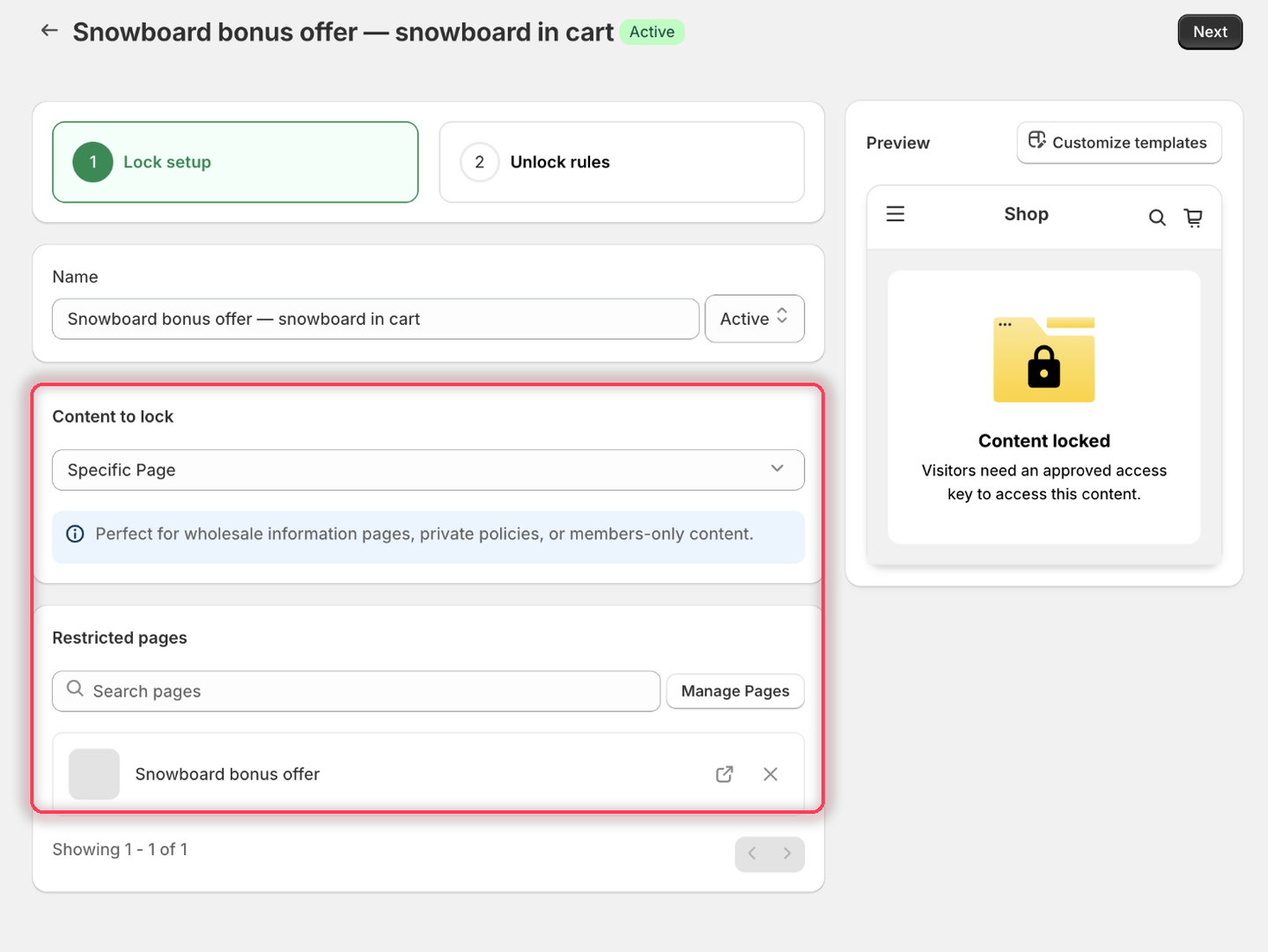The Lock setup tab with Specific Page as the content type and the Snowboard bonus offer page listed under Restricted pages.