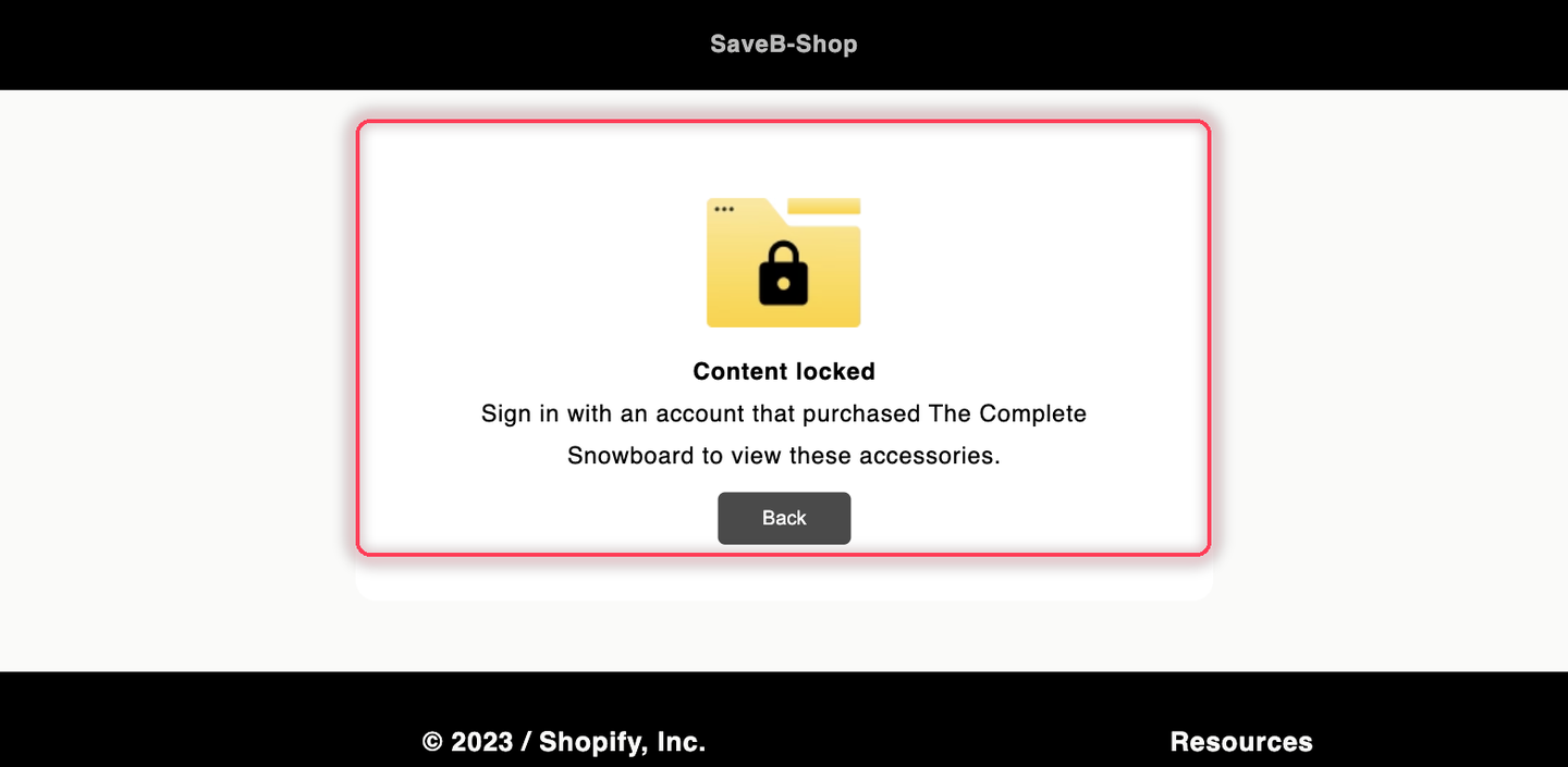 The Snowboard accessories page displaying the configured previous-purchase requirement.