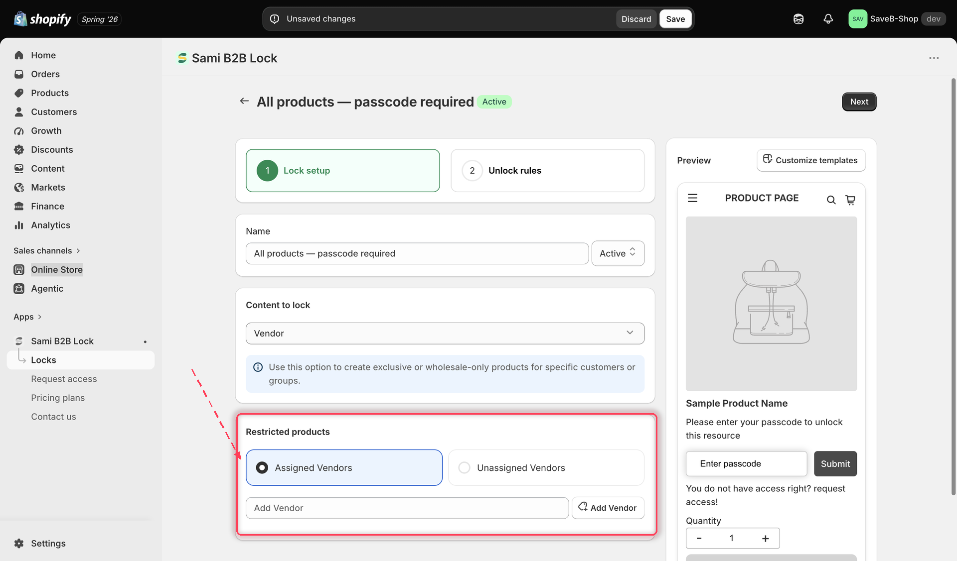 The vendor picker for a Products lock targeting a specific vendor.