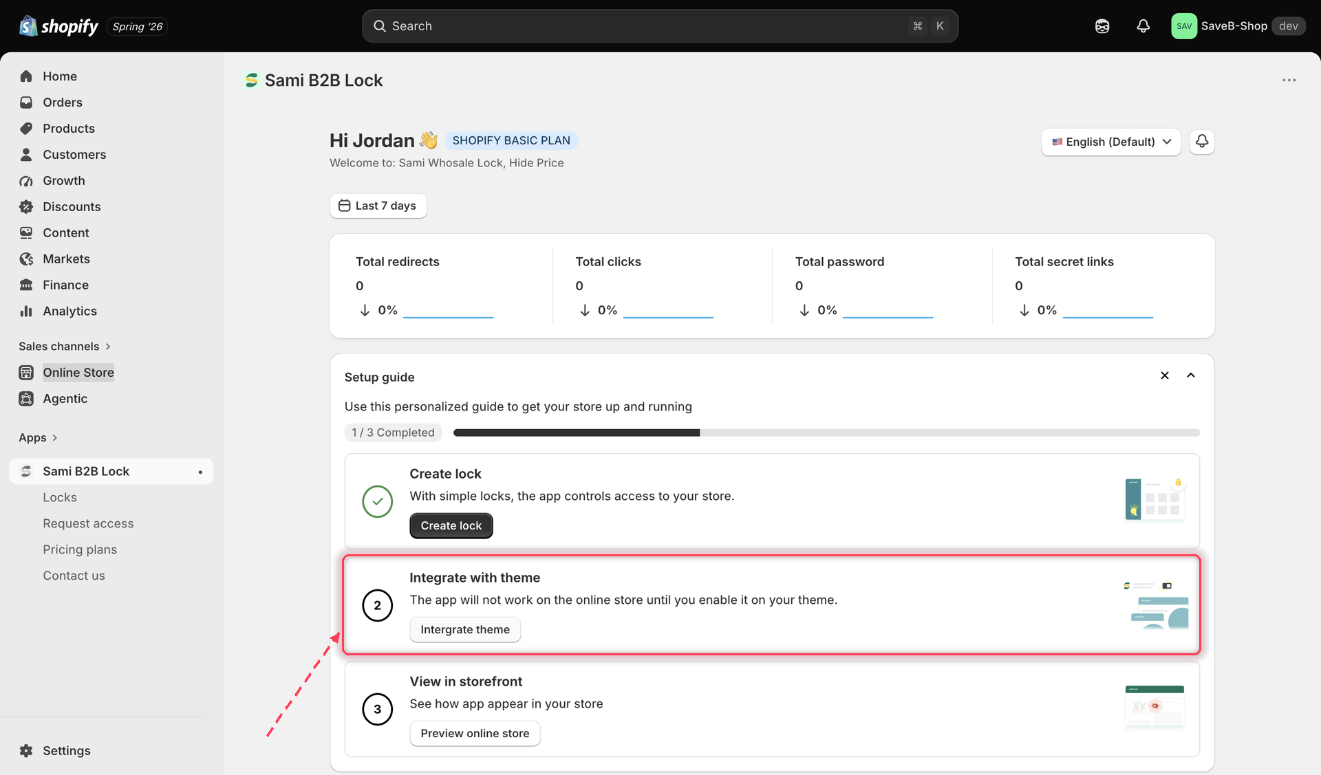 Step 2 of the app's Setup guide, Integrate with theme, with its Intergrate theme button