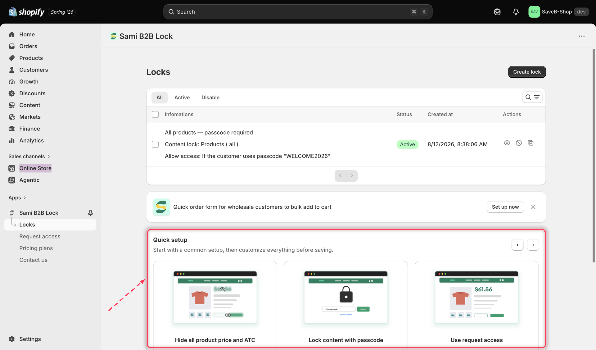 The Quick Setup carousel on the empty Locks page, showing several template cards.