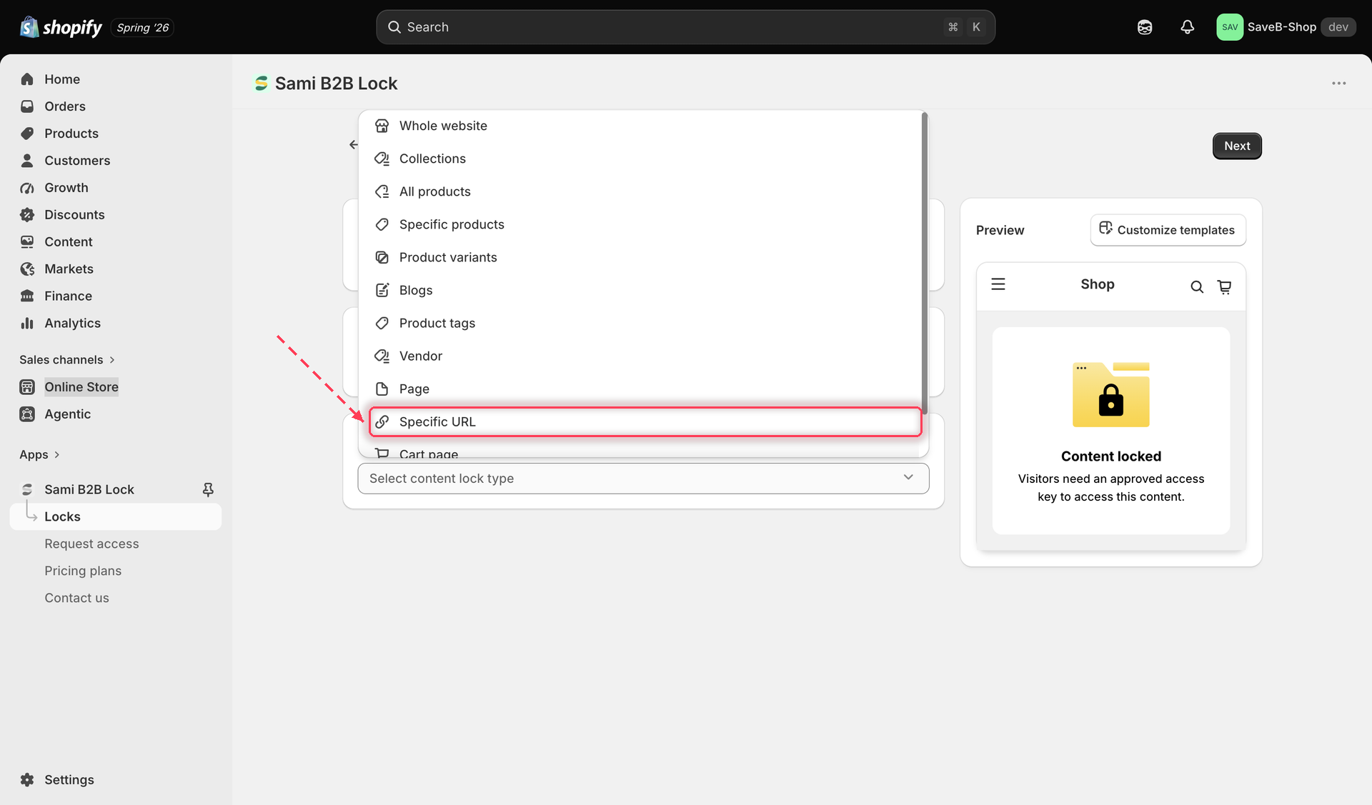 The content picker with Specific URL selected as the content type to lock.