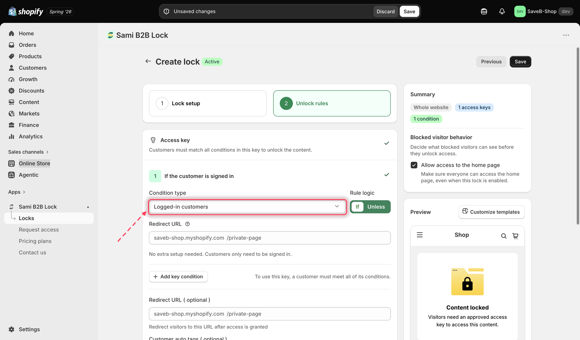 Access rule picker with Logged-in customers selected as the condition type