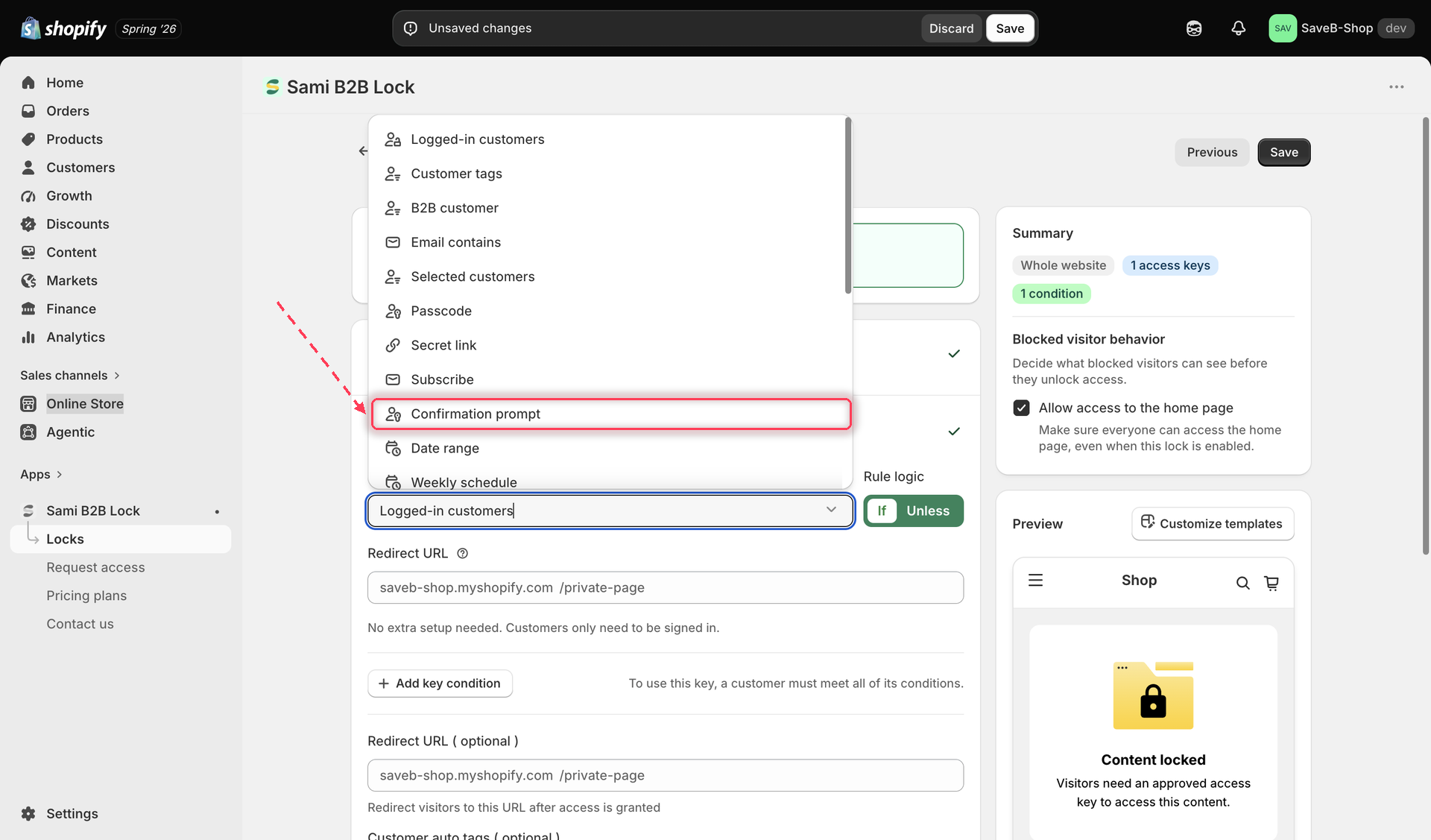 The Unlock rules tab with Confirmation prompt selected in the Condition type dropdown.
