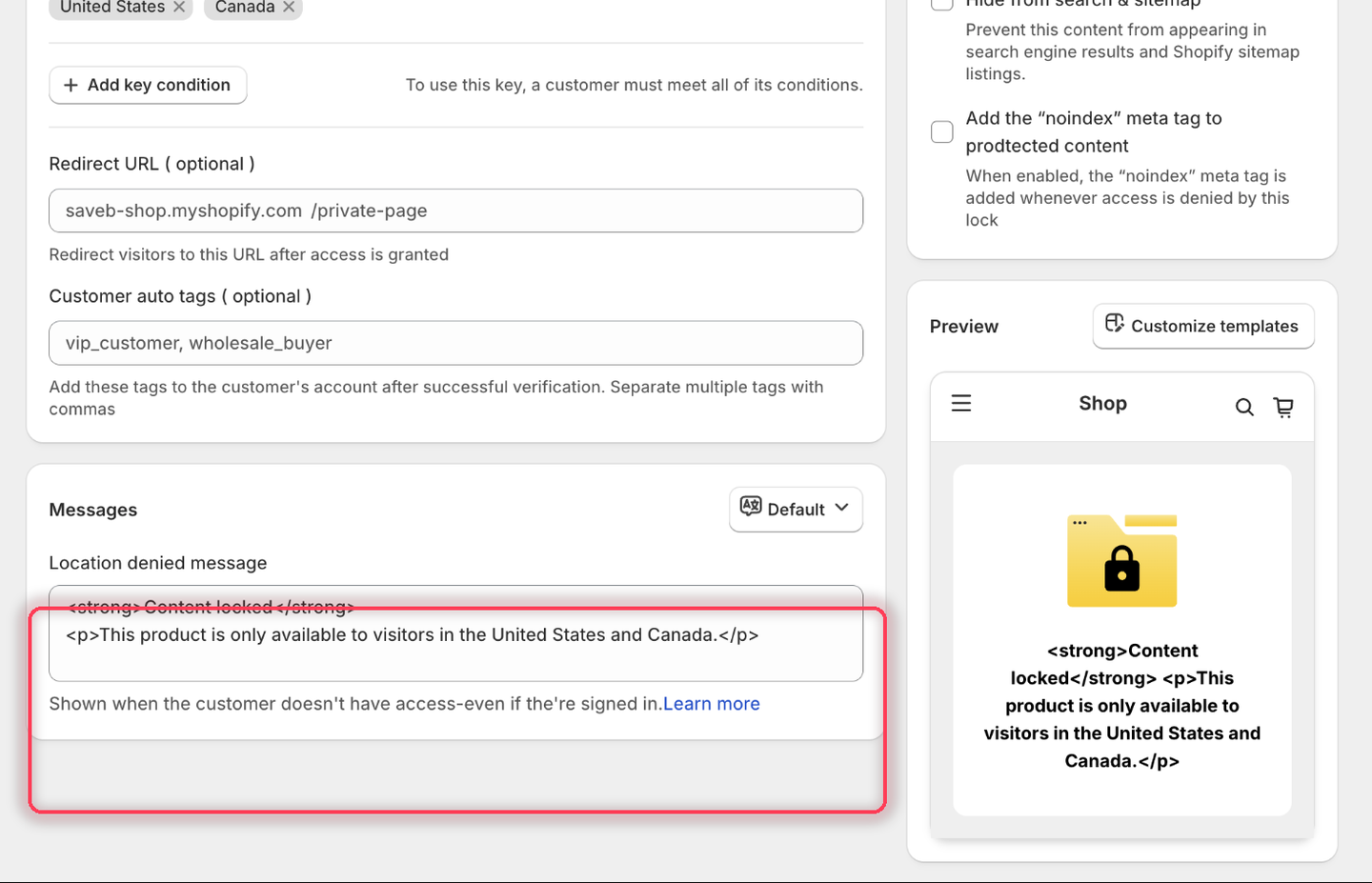 The Messages card showing the Location denied message field set to the United States and Canada availability wording.