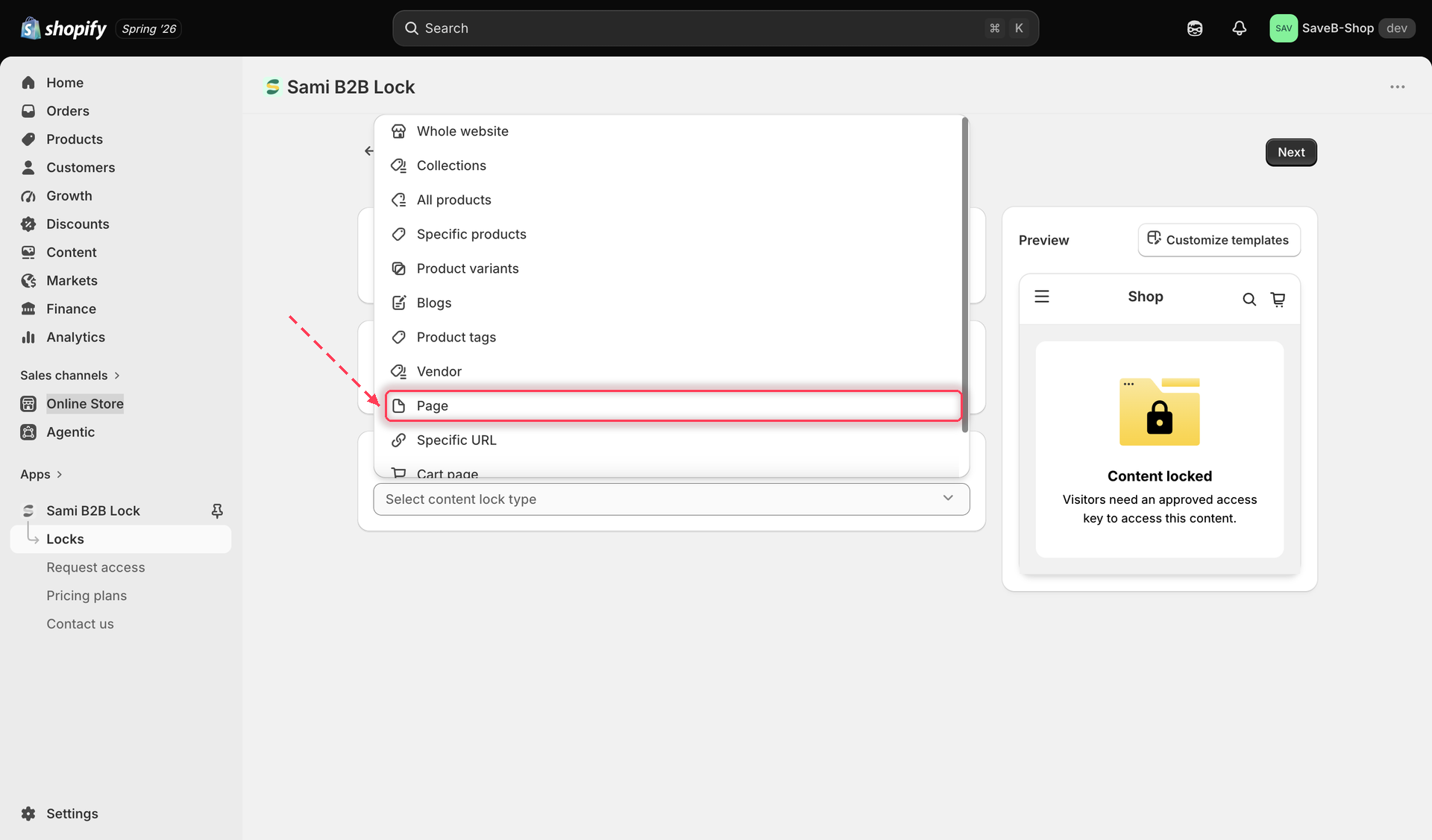 The content picker with Page selected as the content type to lock.