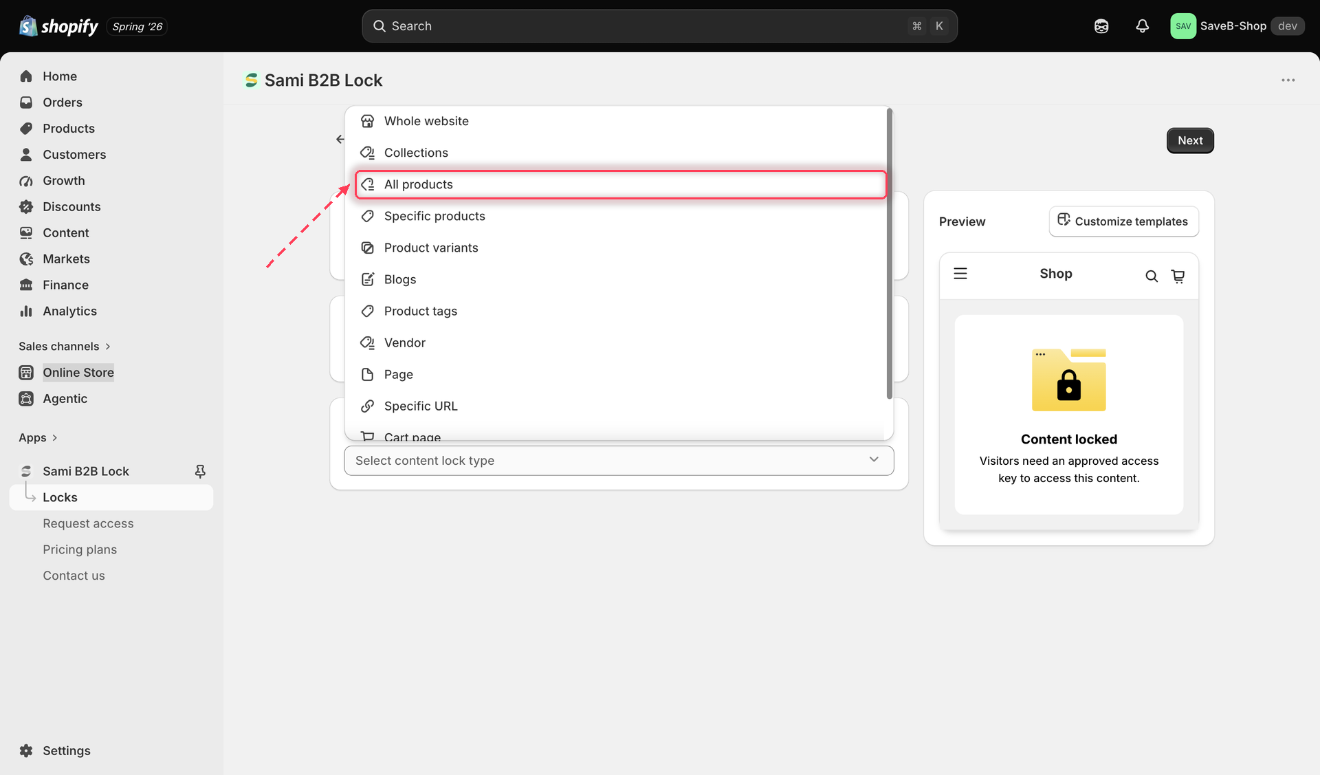 The content picker with Products selected and the All products option chosen.