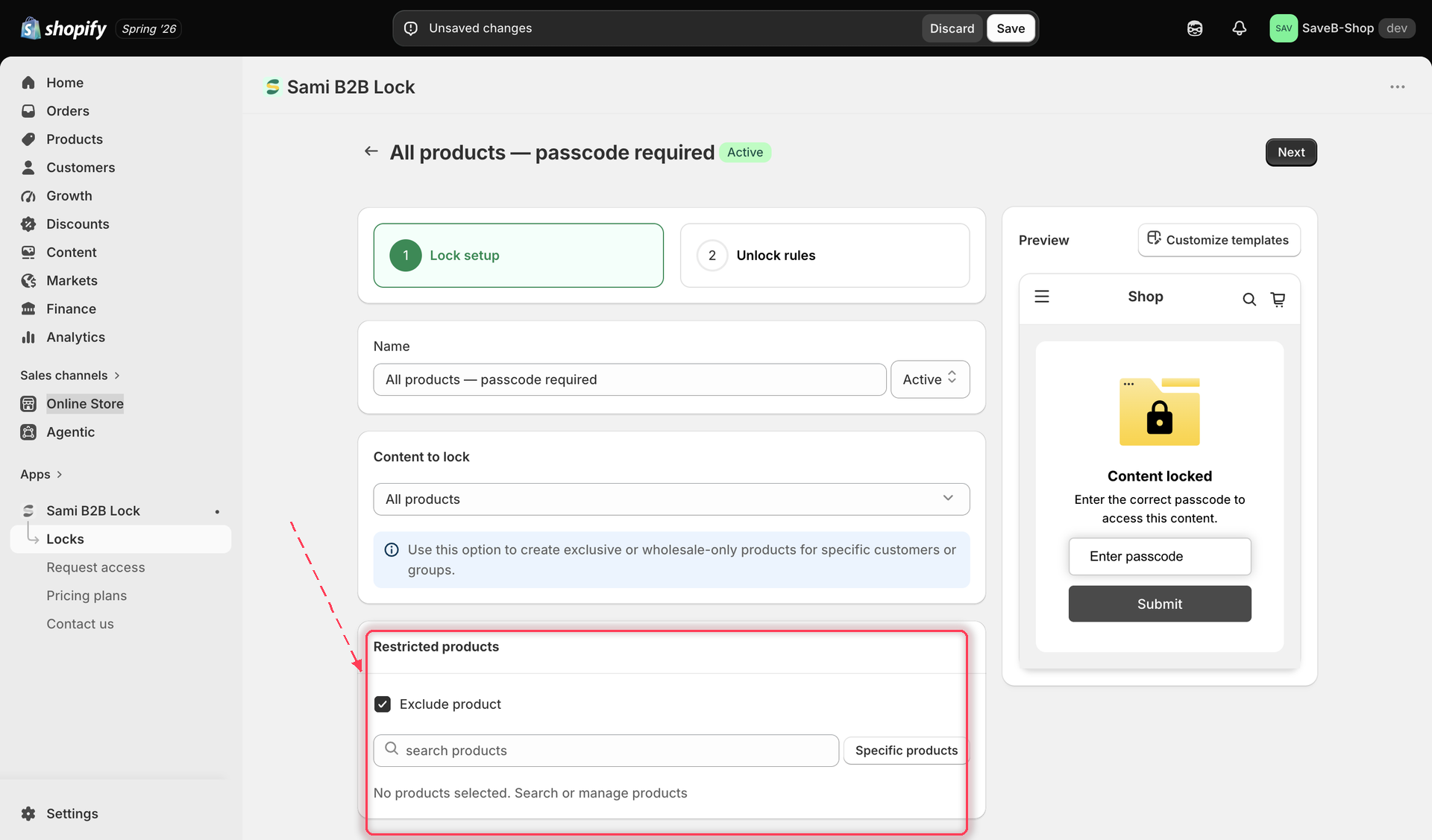 The Exclude specific products toggle and product picker for a Products lock set to all products.