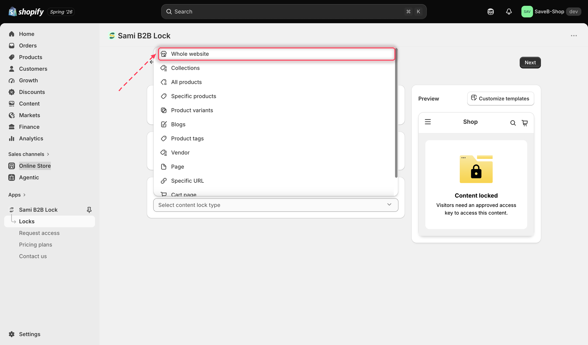 The content picker with Whole Website selected as the content type to lock.