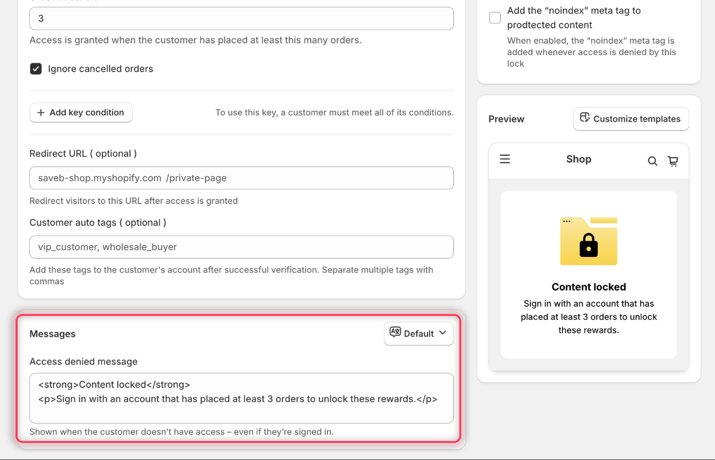 The Messages card with a single Access denied message field set to the three-order wording, and the Preview panel rendering it.