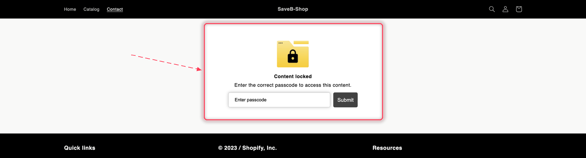 A locked storefront page replaced by the app's Content locked card with a passcode field and Submit button.