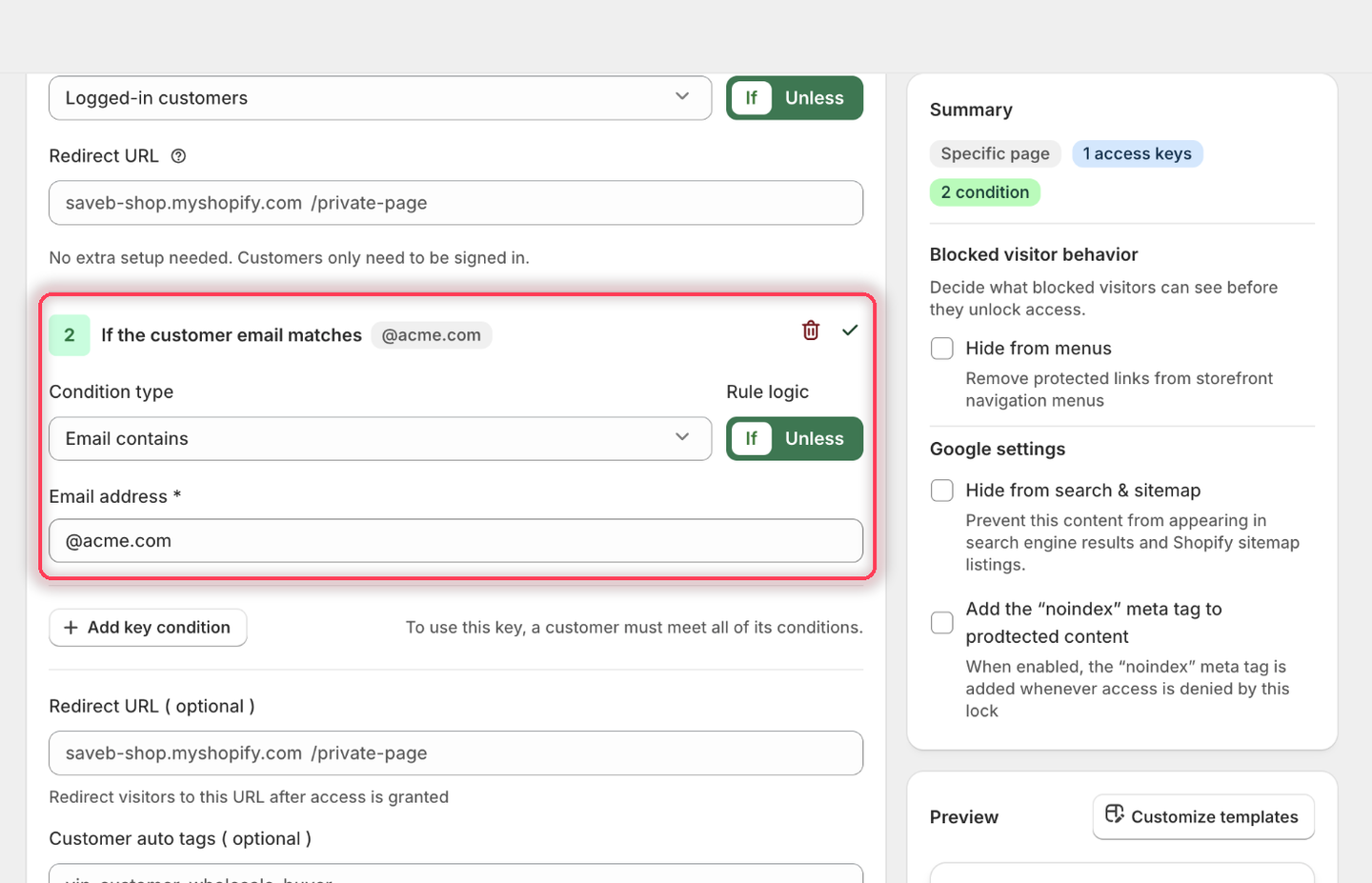 The second condition set to Email contains with Rule logic If and @acme.com in the Email address field.