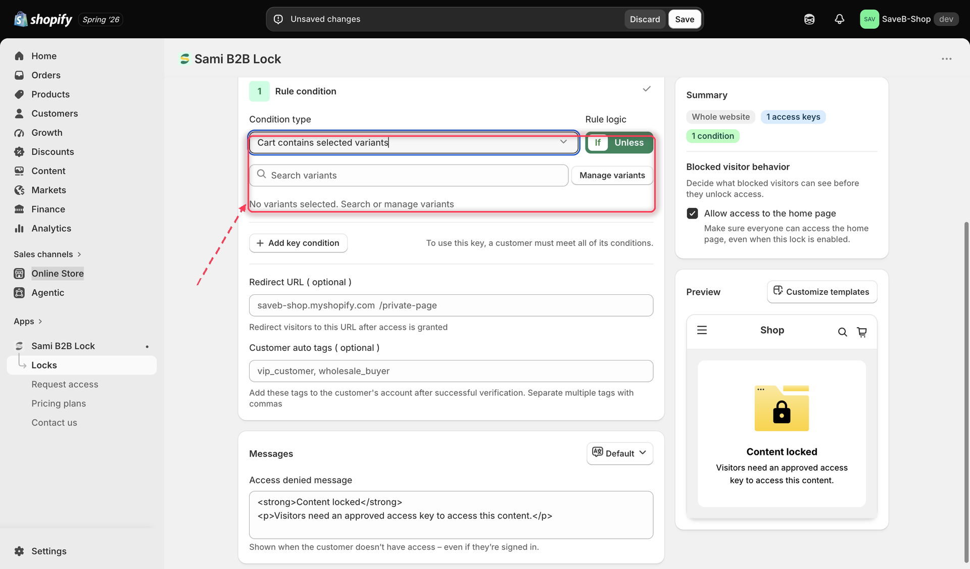 The Cart contains selected variants rule settings, showing a variant selection list.
