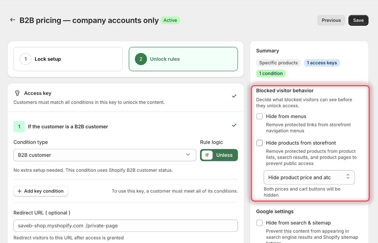 The Blocked visitor behavior panel with Hide products from storefront unchecked and Hide product price and atc selected in the dropdown.