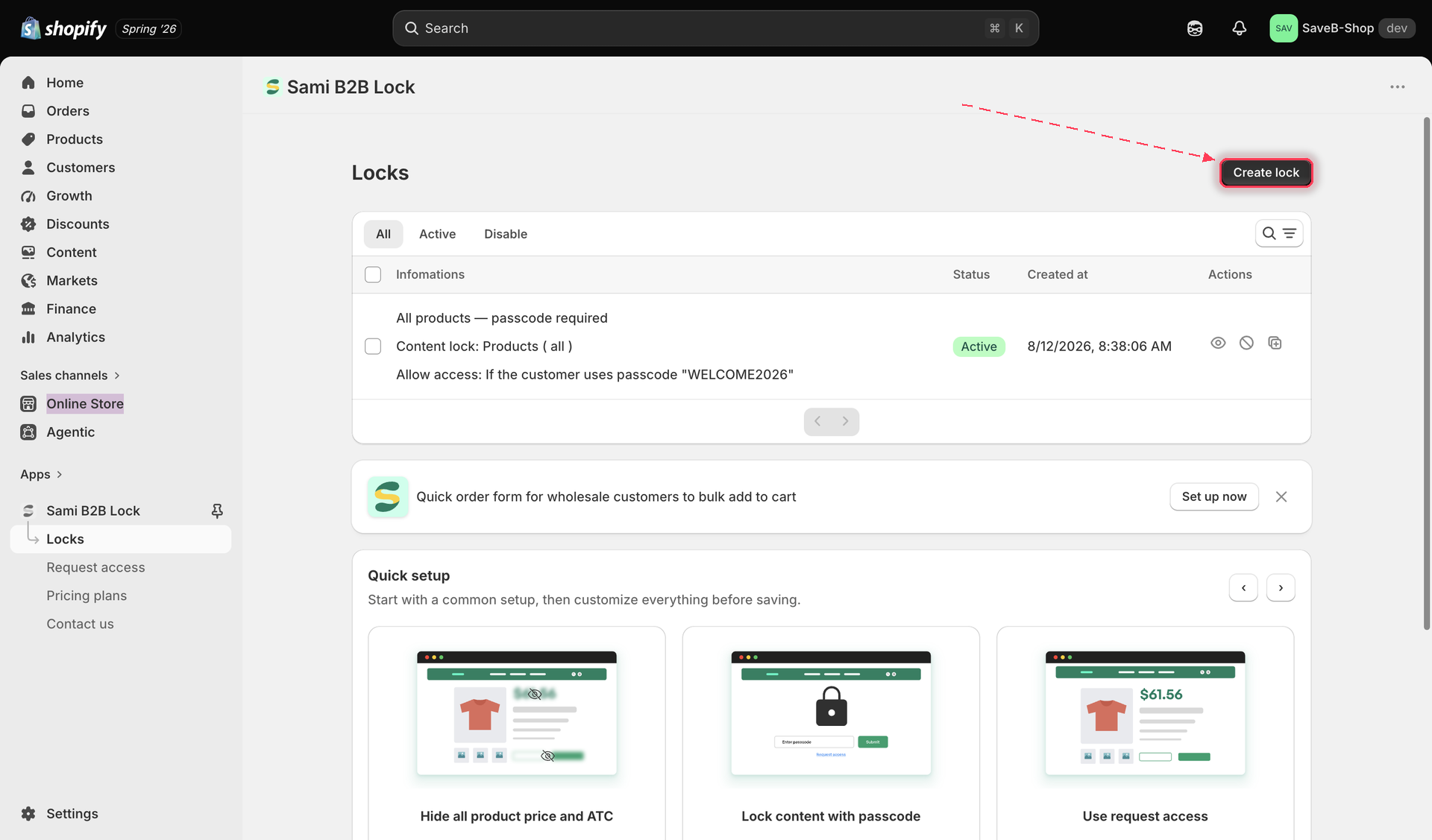 Locks page with the Create Lock button highlighted