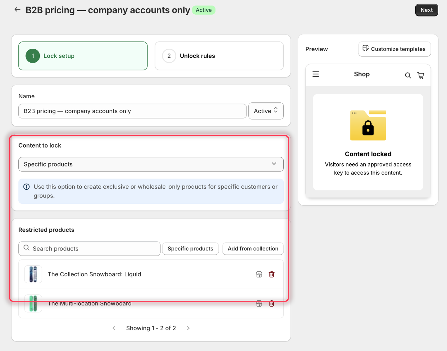 The Lock setup tab with Specific products chosen as the content type and two products listed under Restricted products.