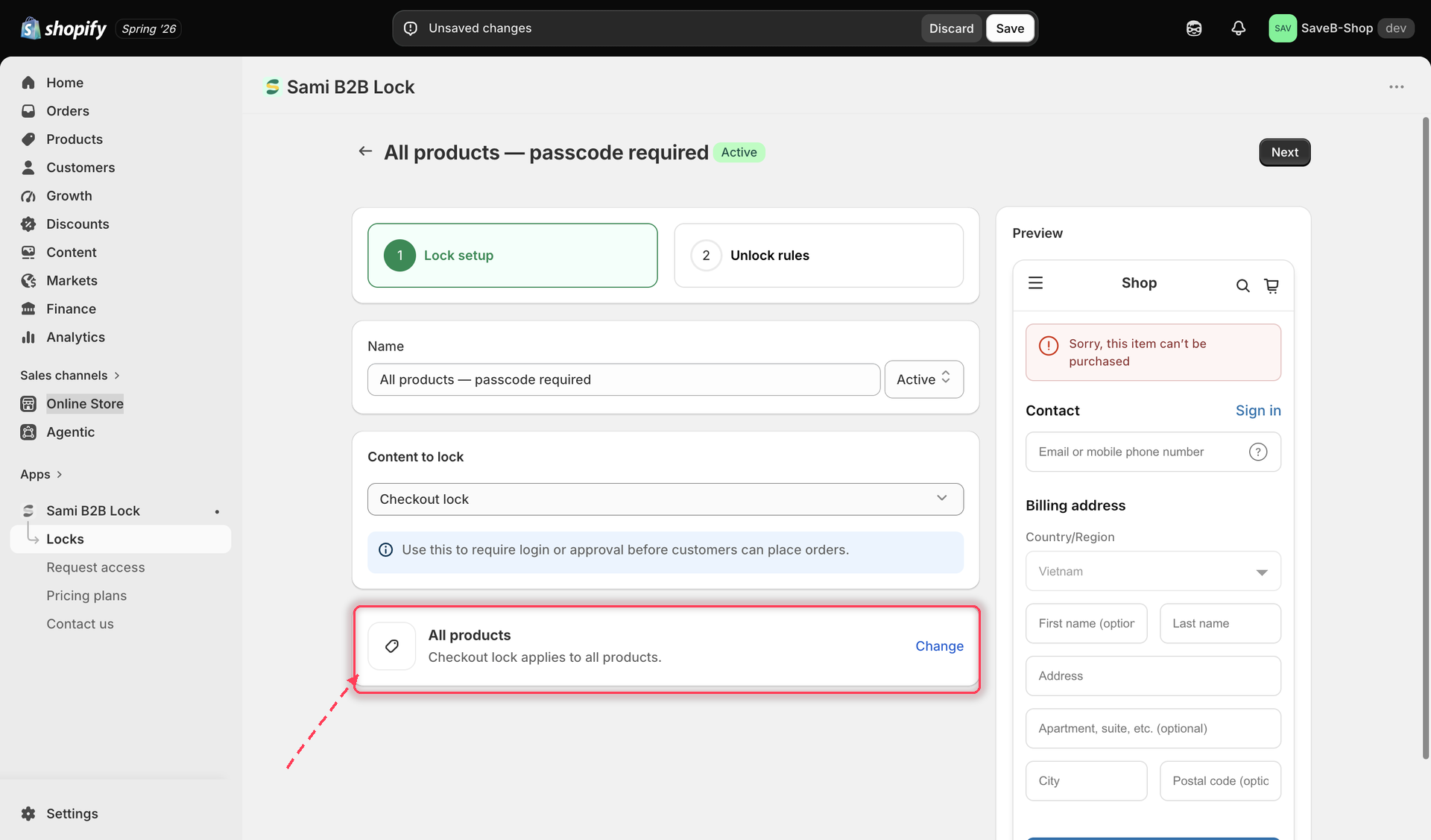 The product scope card for a Checkout lock, set to All products, with a Change action.