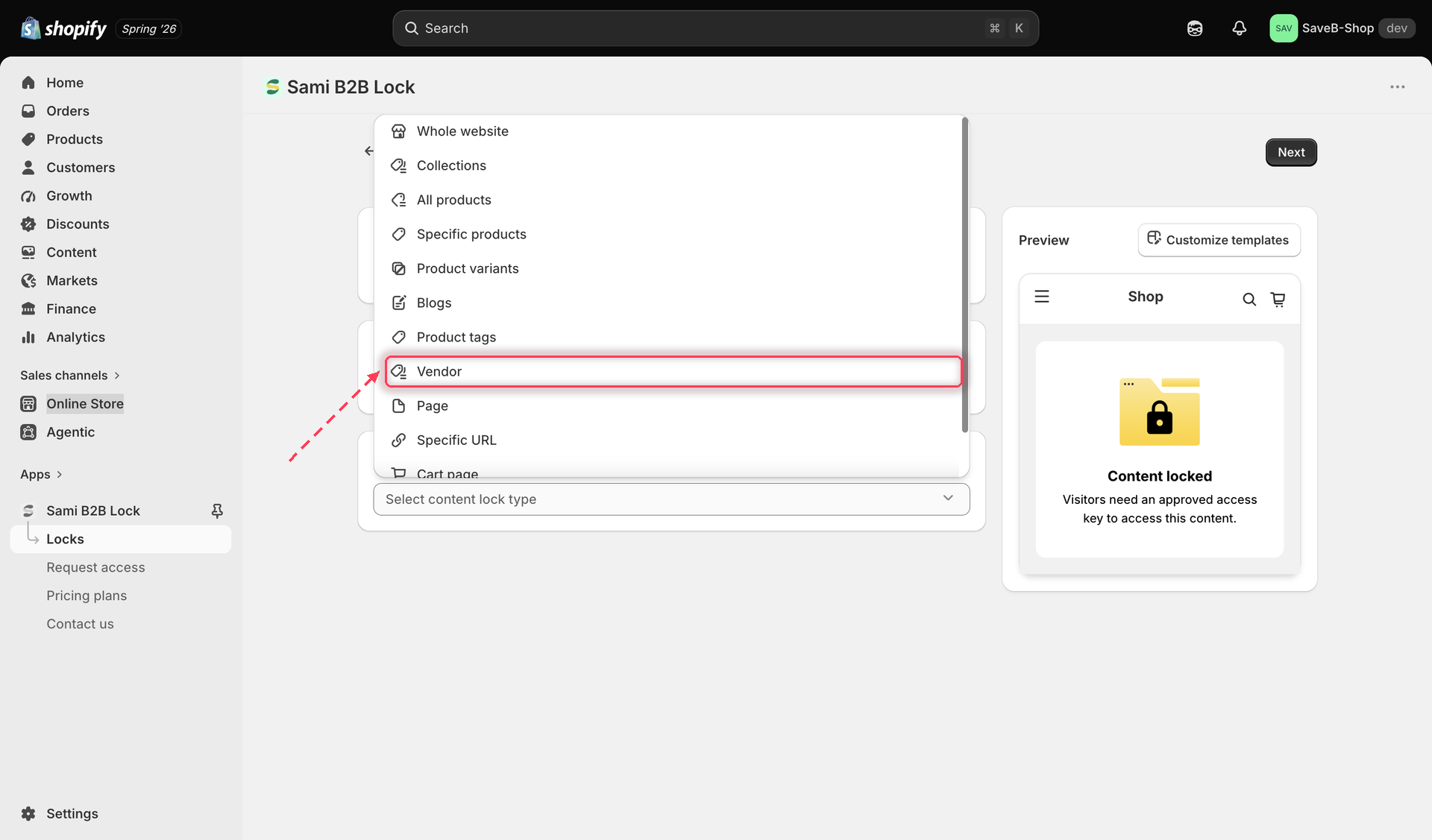 The content picker with Products selected and the Vendor option chosen.