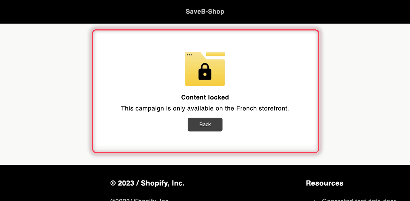 The French campaign page displaying the configured French-storefront-only message.