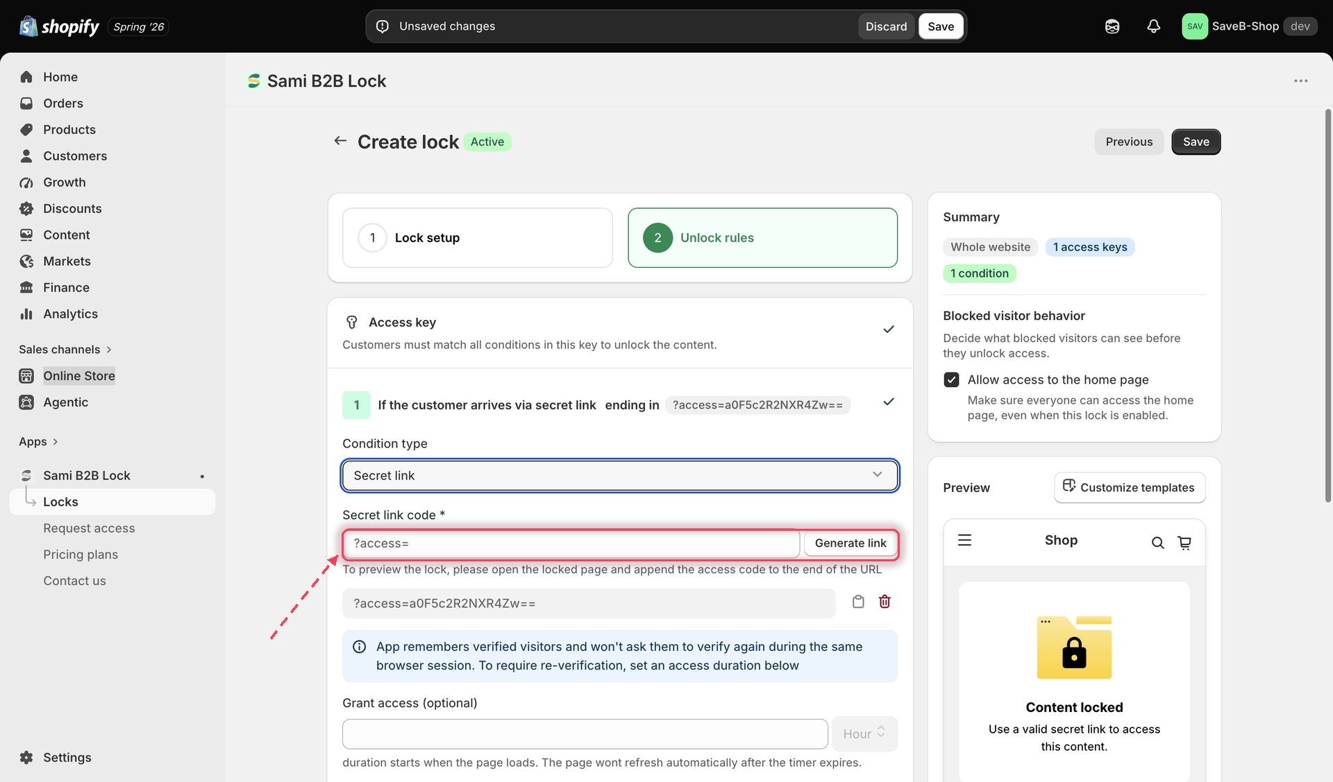 Secret link field with a generated token and the Generate link button